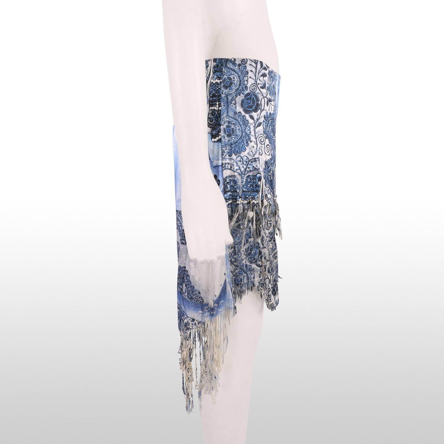 Gray Jean Paul Gaultier Gypsy Style Baby Blue China Print Skirt with Charm Detail  For Sale