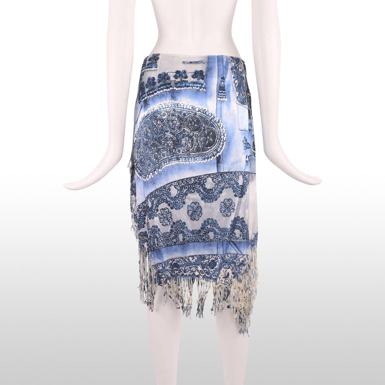 Jean Paul Gaultier Gypsy Style Baby Blue China Print Skirt with Charm Detail  In Excellent Condition For Sale In London, GB