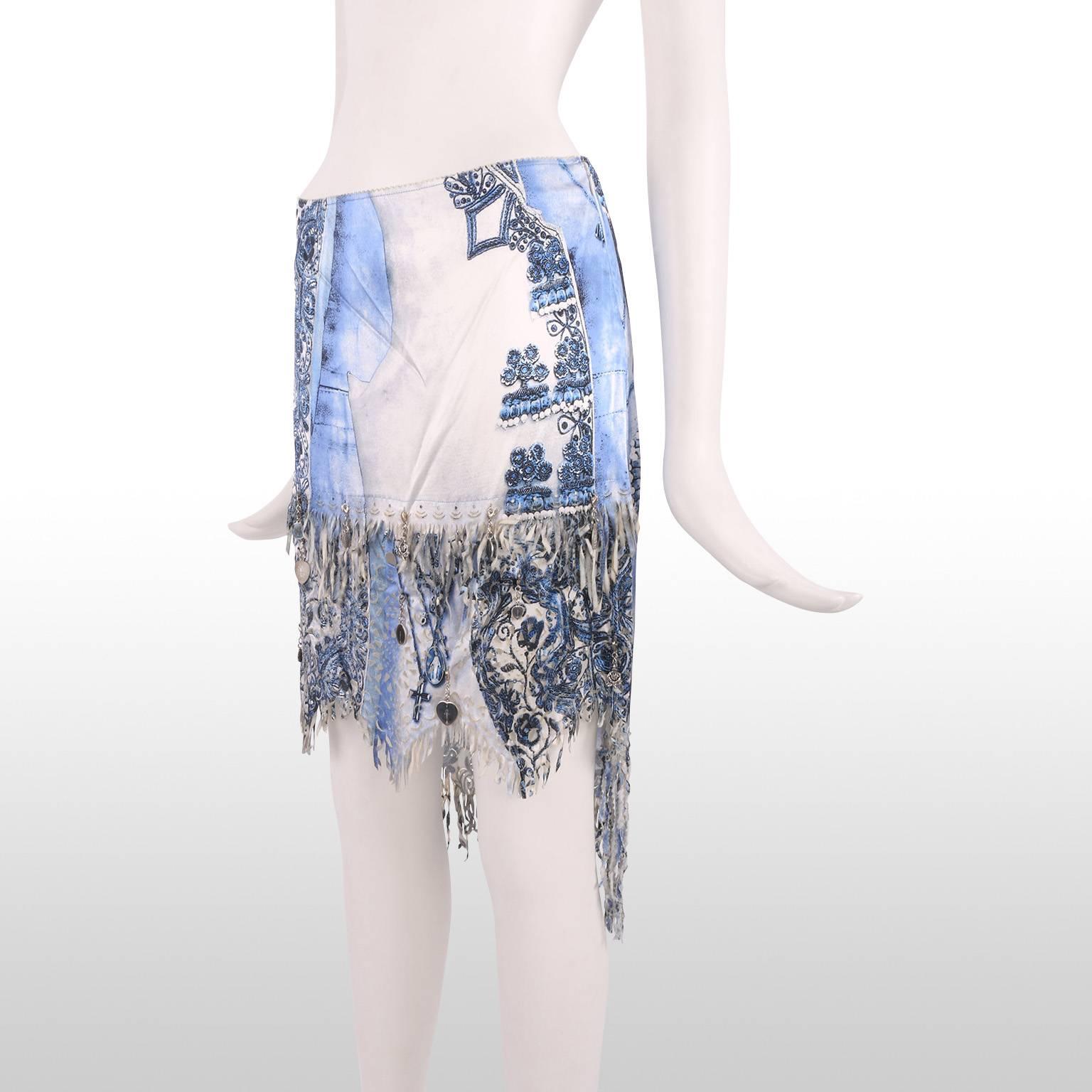 Women's Jean Paul Gaultier Gypsy Style Baby Blue China Print Skirt with Charm Detail  For Sale