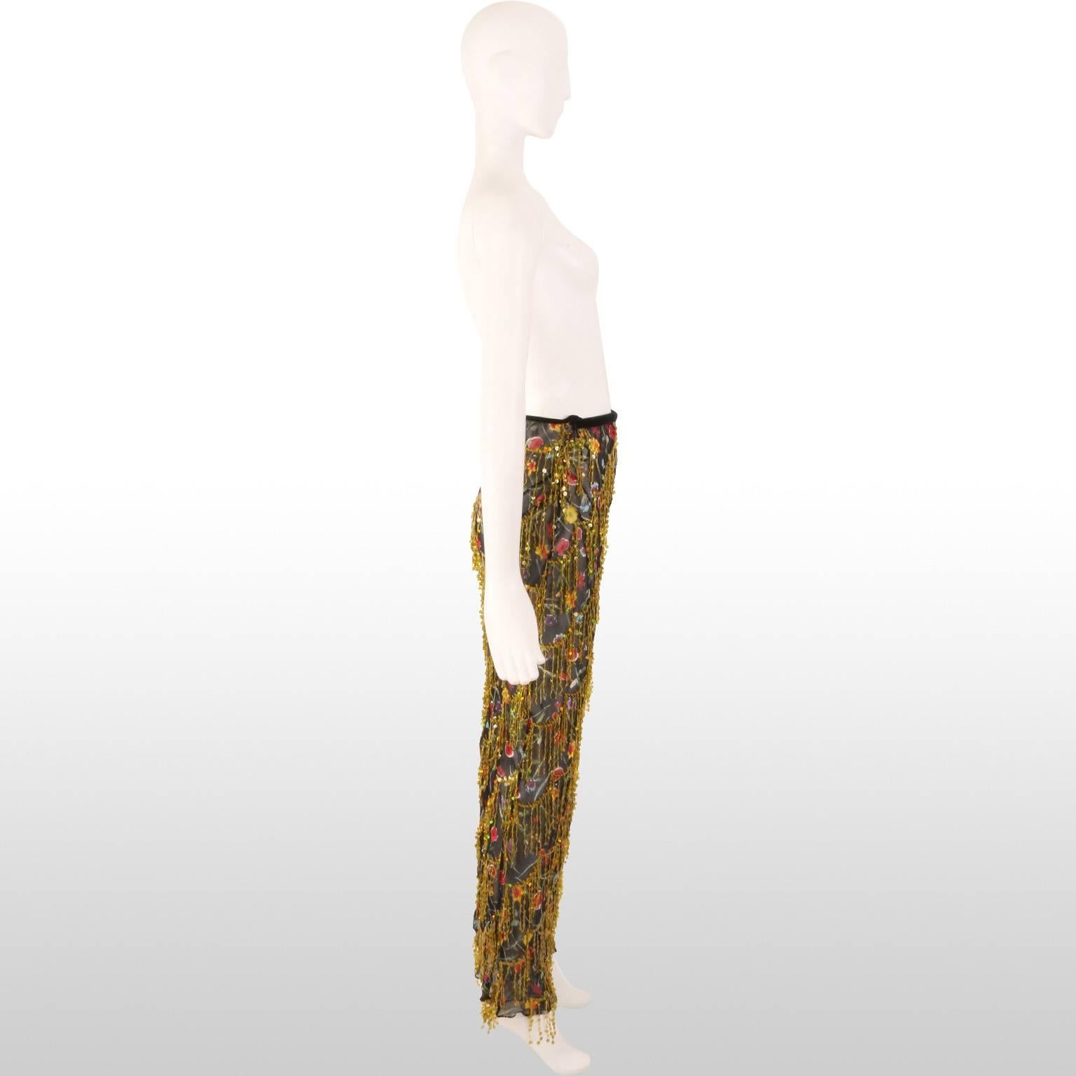 Voyage Couture Black Floral Sheer Maxi Skirt with Gold Sequin Fringing In Good Condition In London, GB