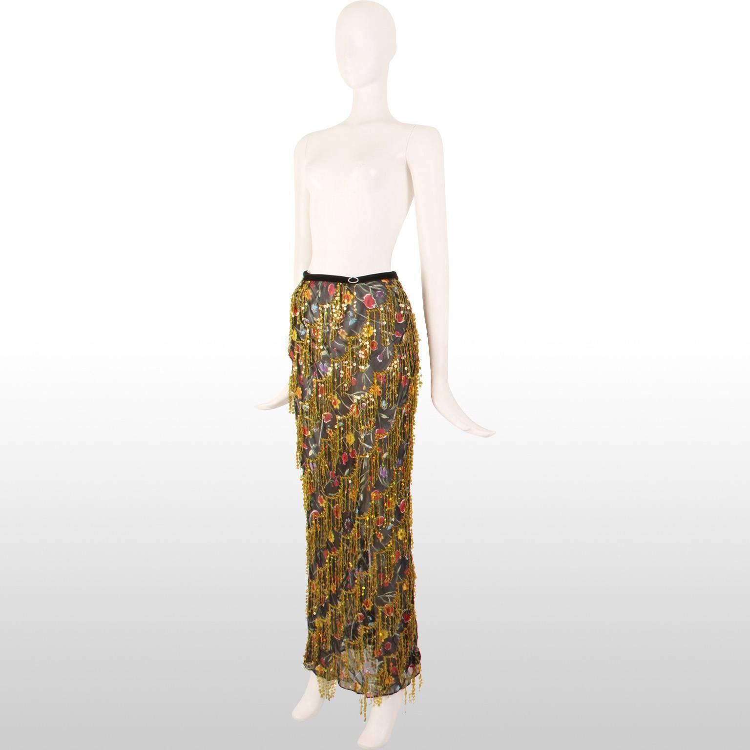 Voyage Couture Black Floral Sheer Maxi Skirt with Gold Sequin Fringing 1