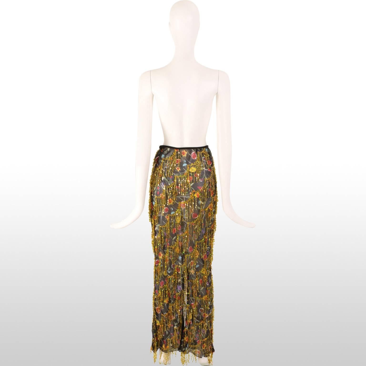 Women's Voyage Couture Black Floral Sheer Maxi Skirt with Gold Sequin Fringing