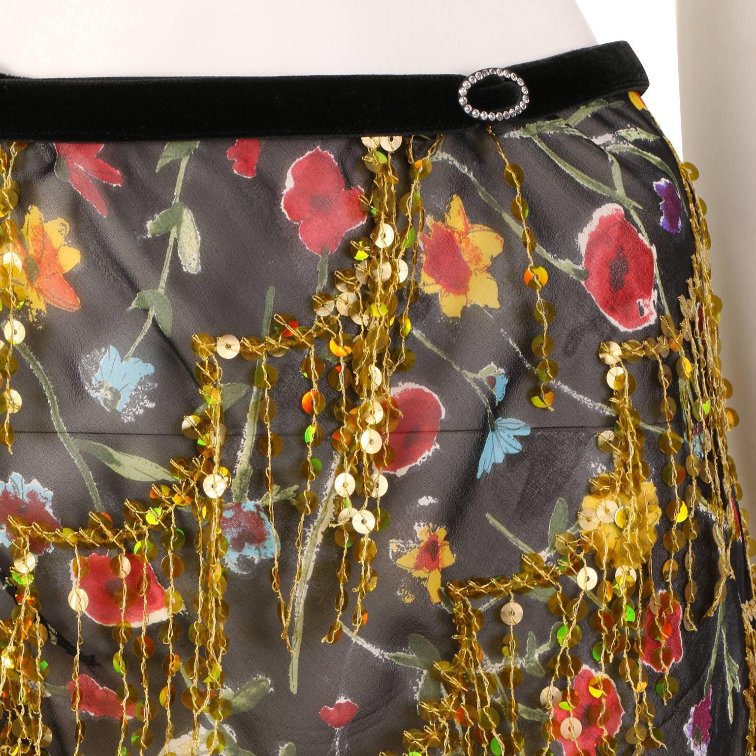 Voyage Couture Black Floral Sheer Maxi Skirt with Gold Sequin Fringing 2