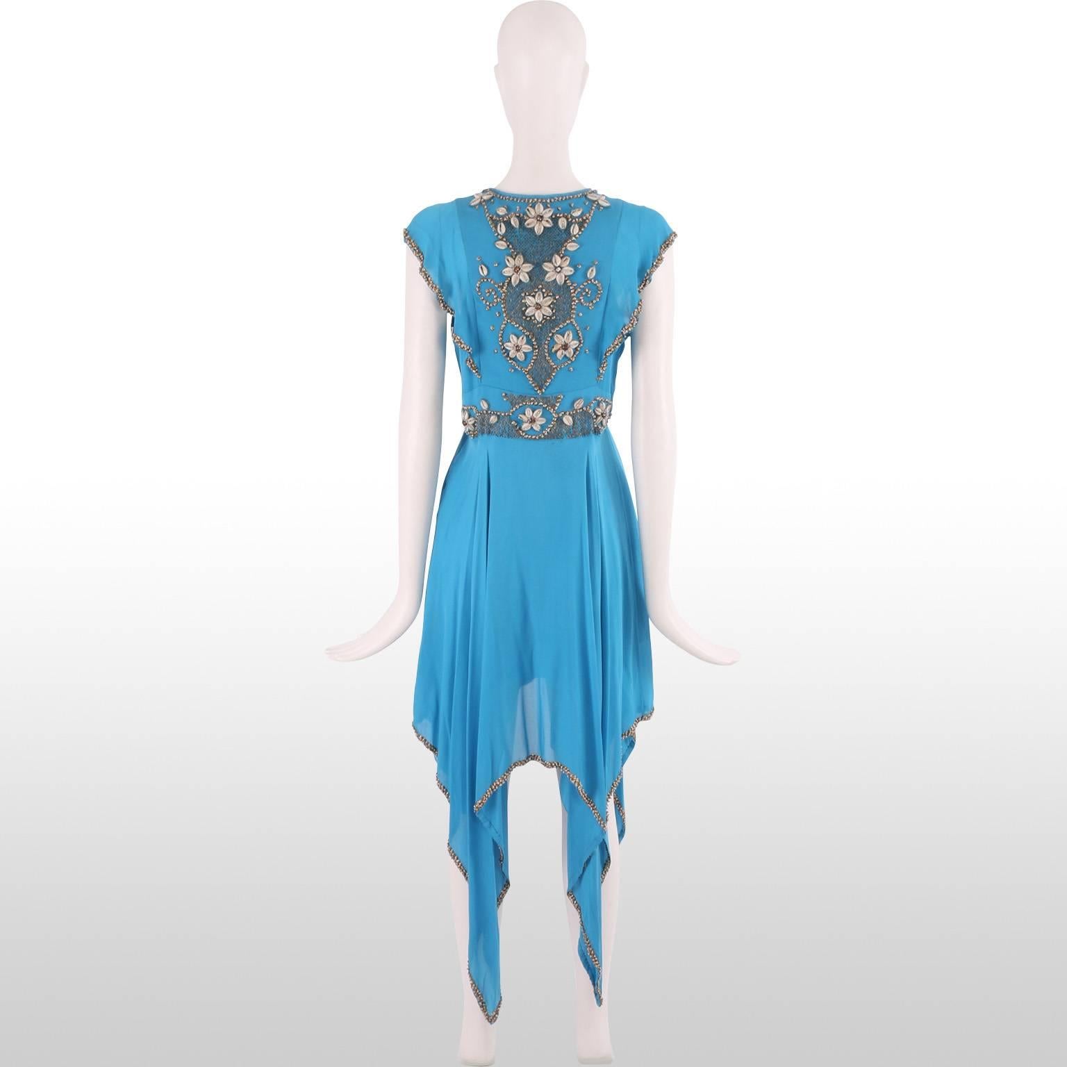 Women's Matthew Williamson Cerulean Blue Dress with Beaded Shell Detail Size UK 10