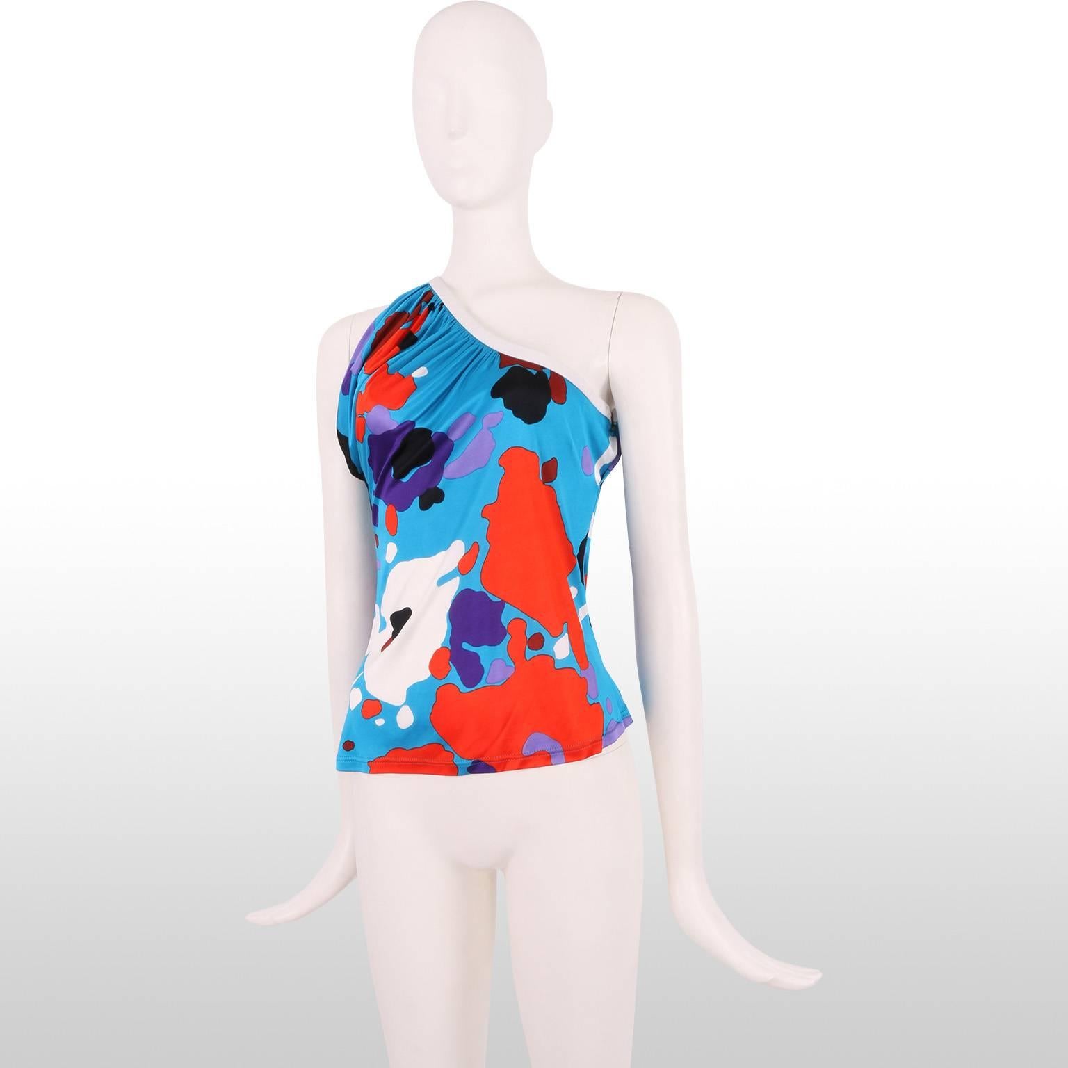 John Galliano Electric Blue One Shoulder Abstract Bright Floral  Print Summer To In Excellent Condition For Sale In London, GB