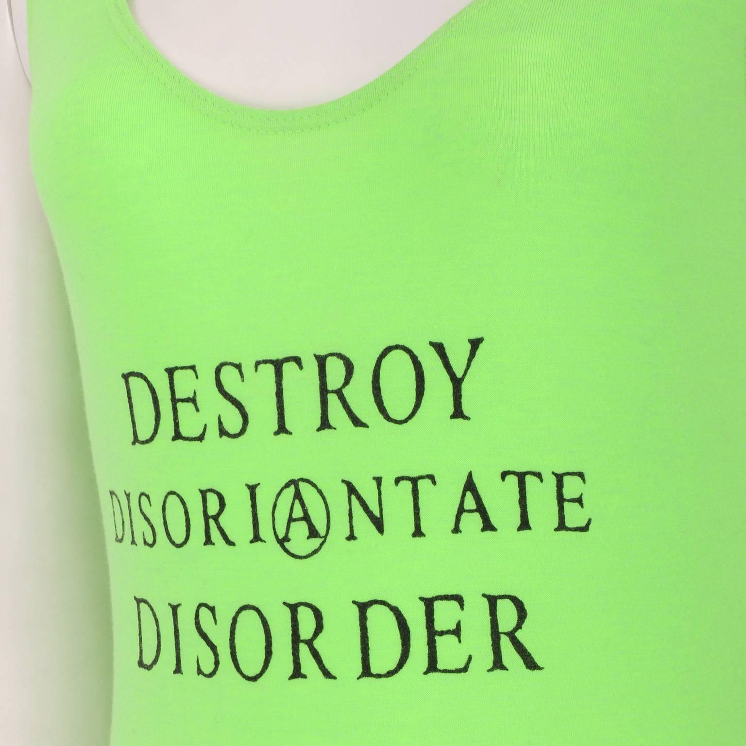 Women's 1980s John Richmond Acid Green 'Destroy Disorientate Disorder' Body Size UK 4/6