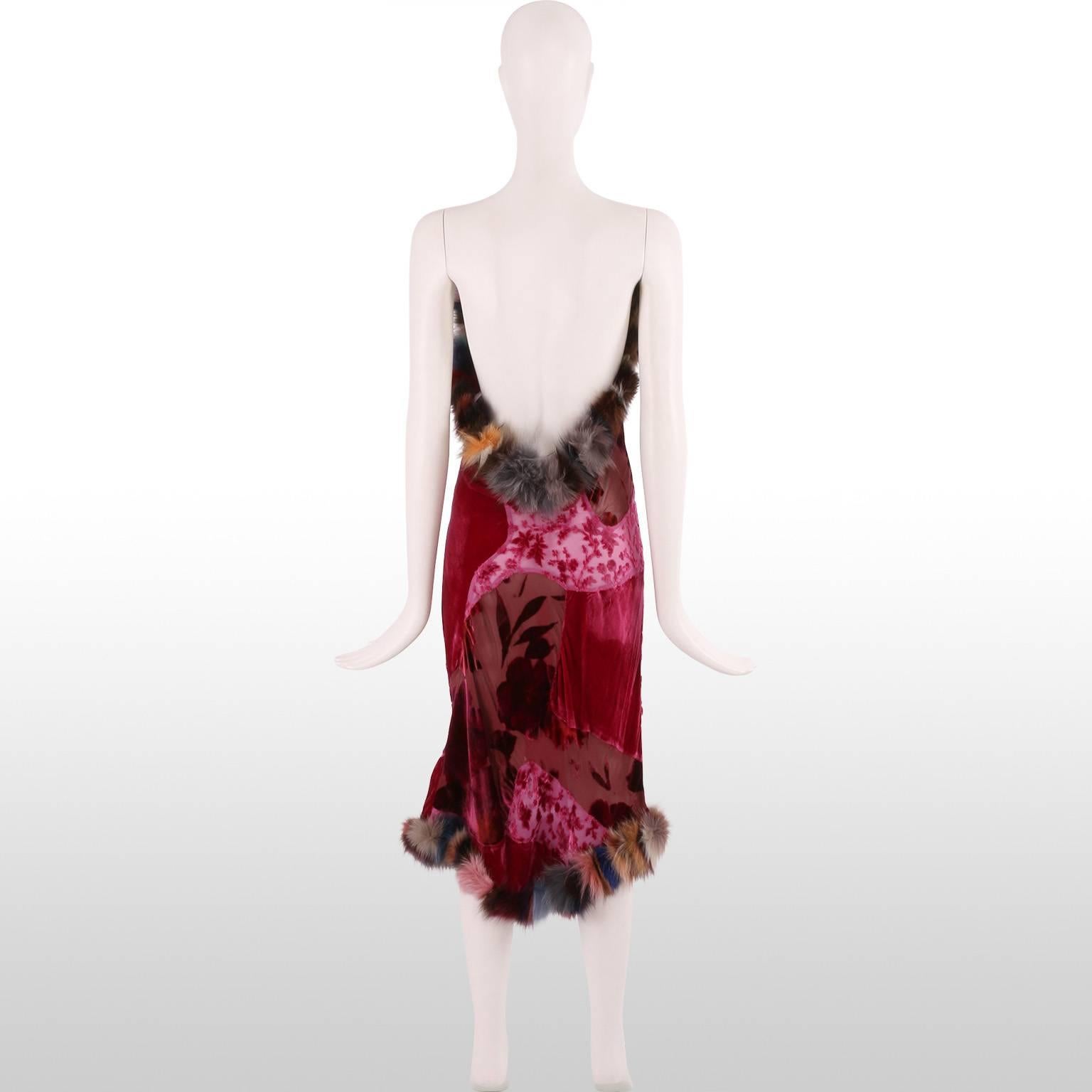 Original Voyage Deep Pink Velvet Patchwork and Dyed Rabbit Fur Strapless Dress 1