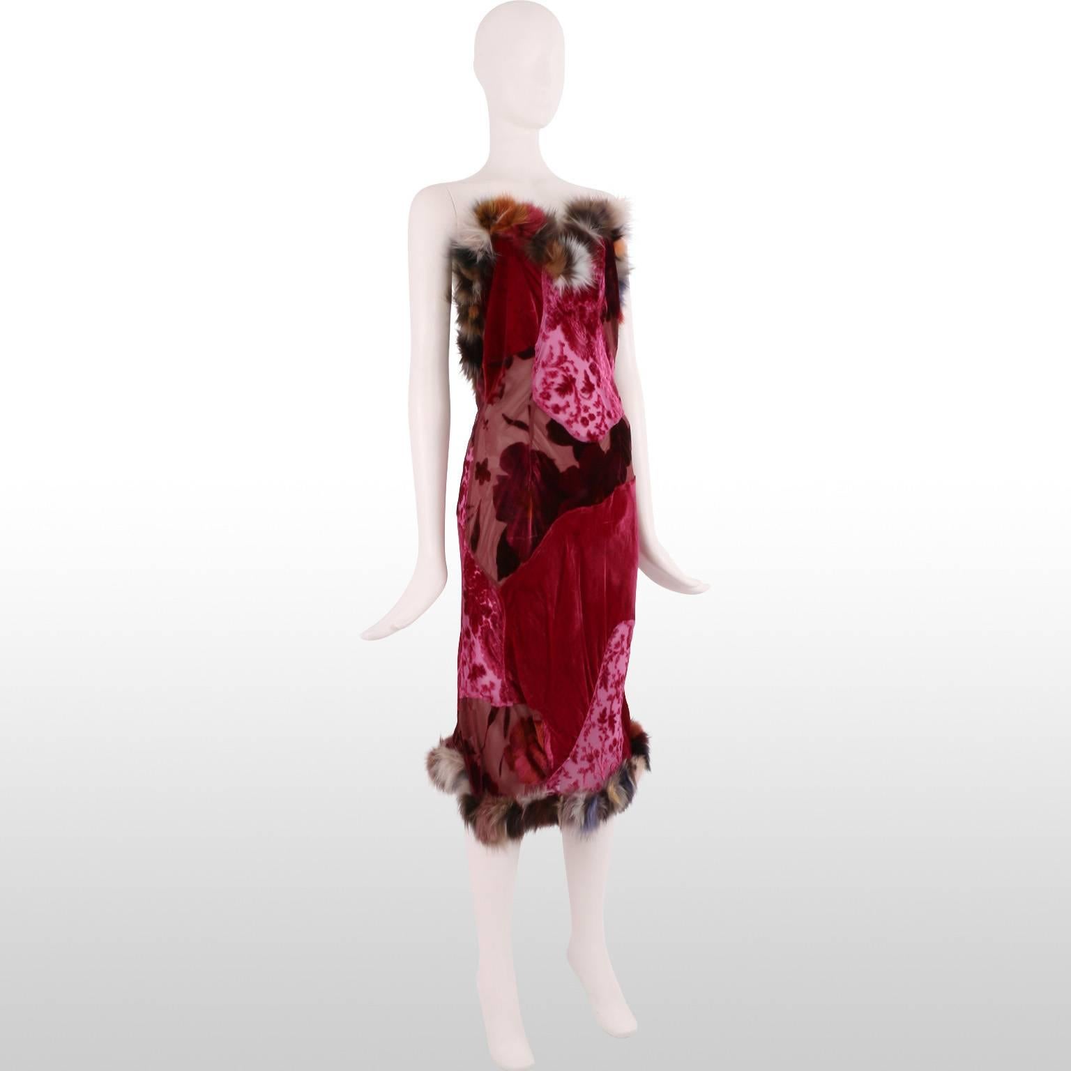 This slinky original Voyage velvet and silk patchwork dress, with its colourful rabbit fur trim detailing creates a statement look! The bold magenta colour of the dress contrasts beautifully with the striking colours of the furs with neutral tones