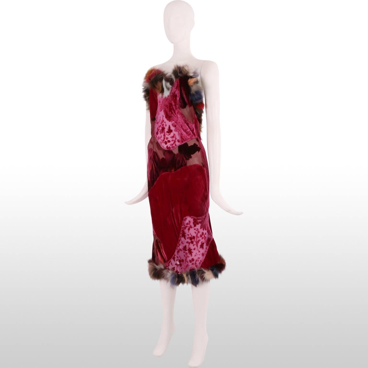 Original Voyage Deep Pink Velvet Patchwork and Dyed Rabbit Fur Strapless Dress In Excellent Condition In London, GB