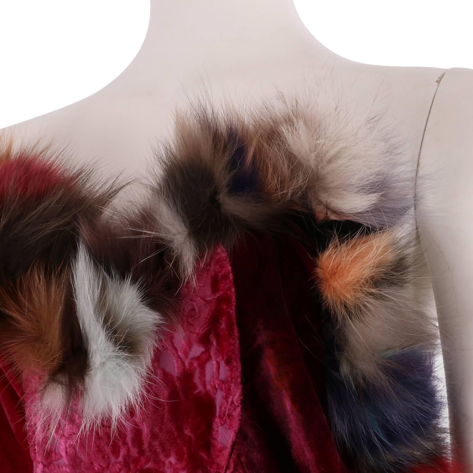 Original Voyage Deep Pink Velvet Patchwork and Dyed Rabbit Fur Strapless Dress 2