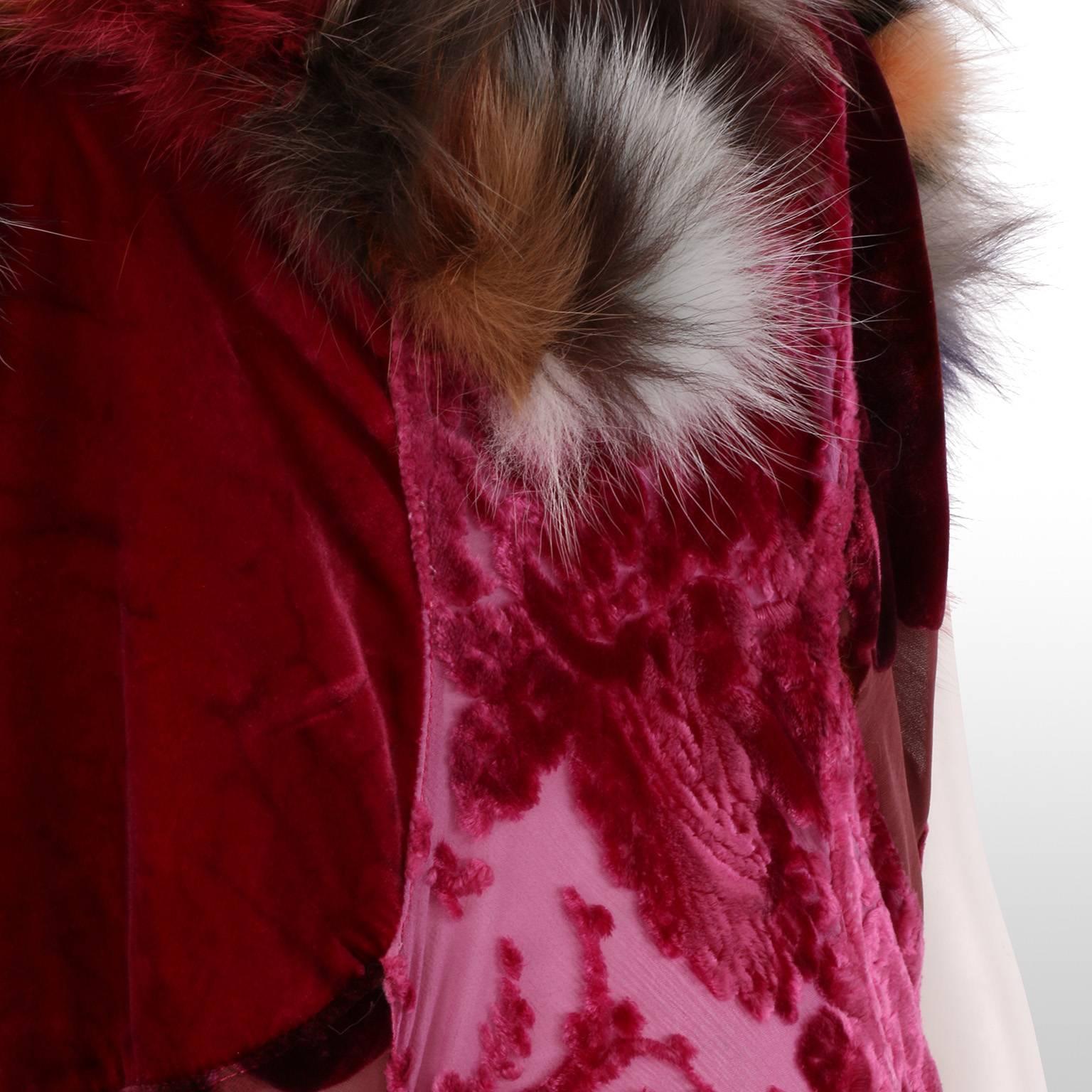Original Voyage Deep Pink Velvet Patchwork and Dyed Rabbit Fur Strapless Dress 3