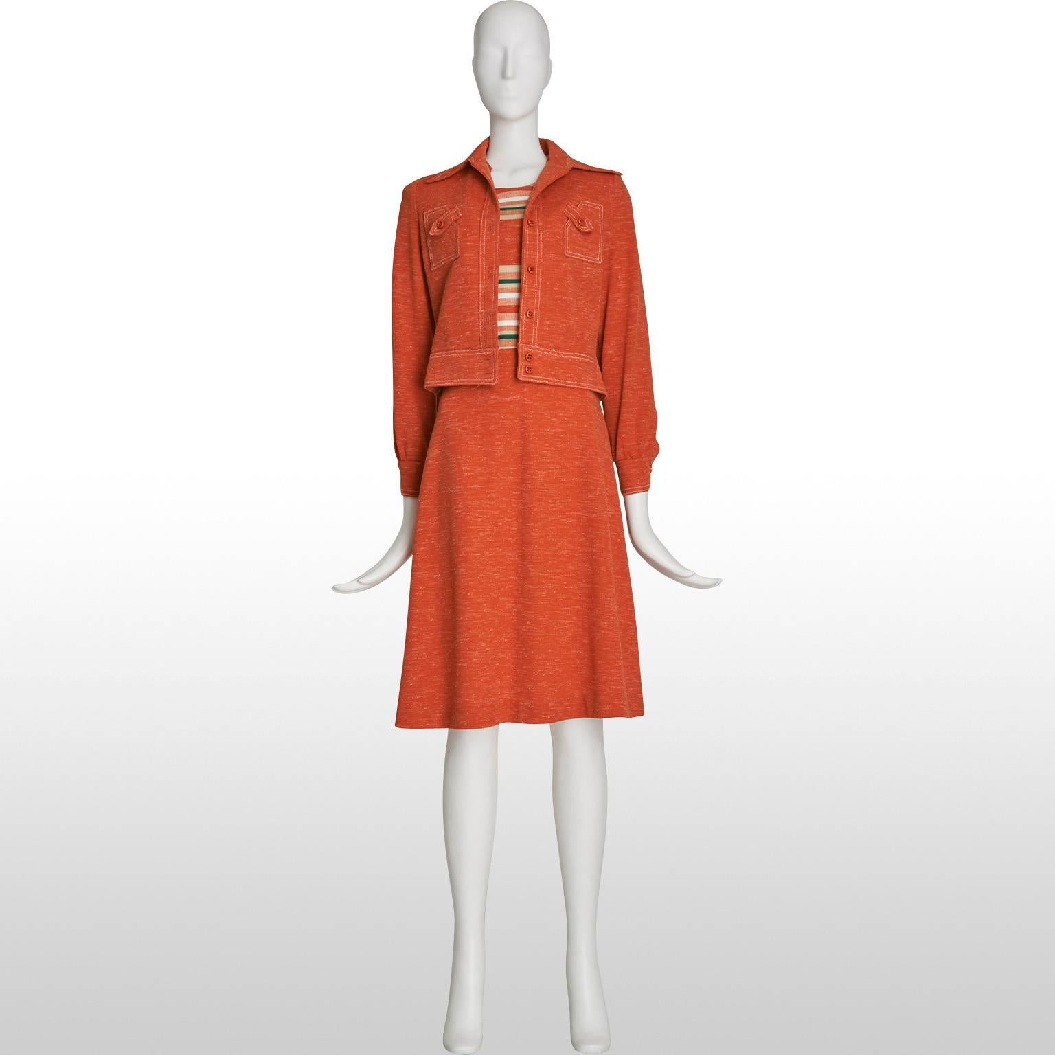 Women's Cute 1960's Jonathan Logan Orange Stripe Dress Suit Size 8 For Sale