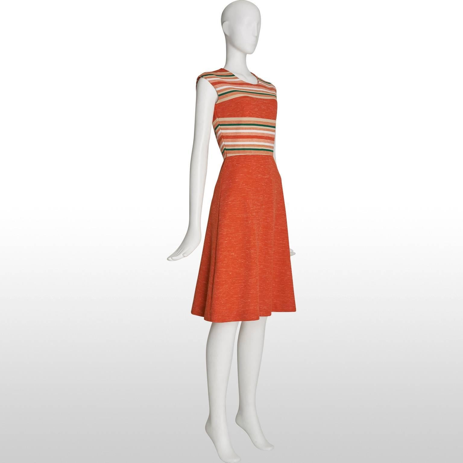 Cute 1960s Jonathan Logan burnt orange dress and jacket two piece. Typically 60s style A line dress with funky striped detail with matching boxy cropped jacket. This piece is an ultimate spring staple, with the stripes adding a touch of the sports