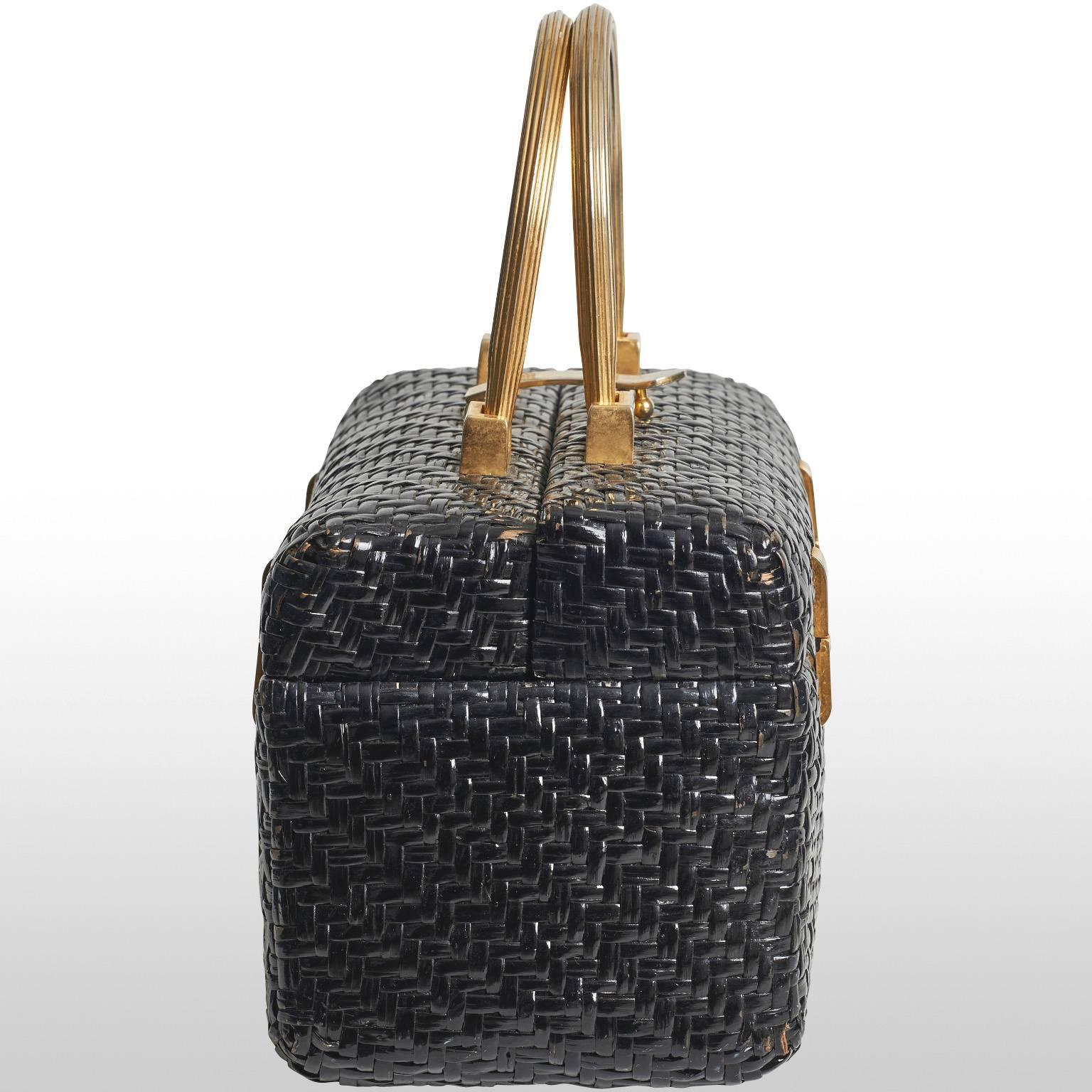 Women's 1960's Funky Black Wicker Koret Hand Bag For Sale