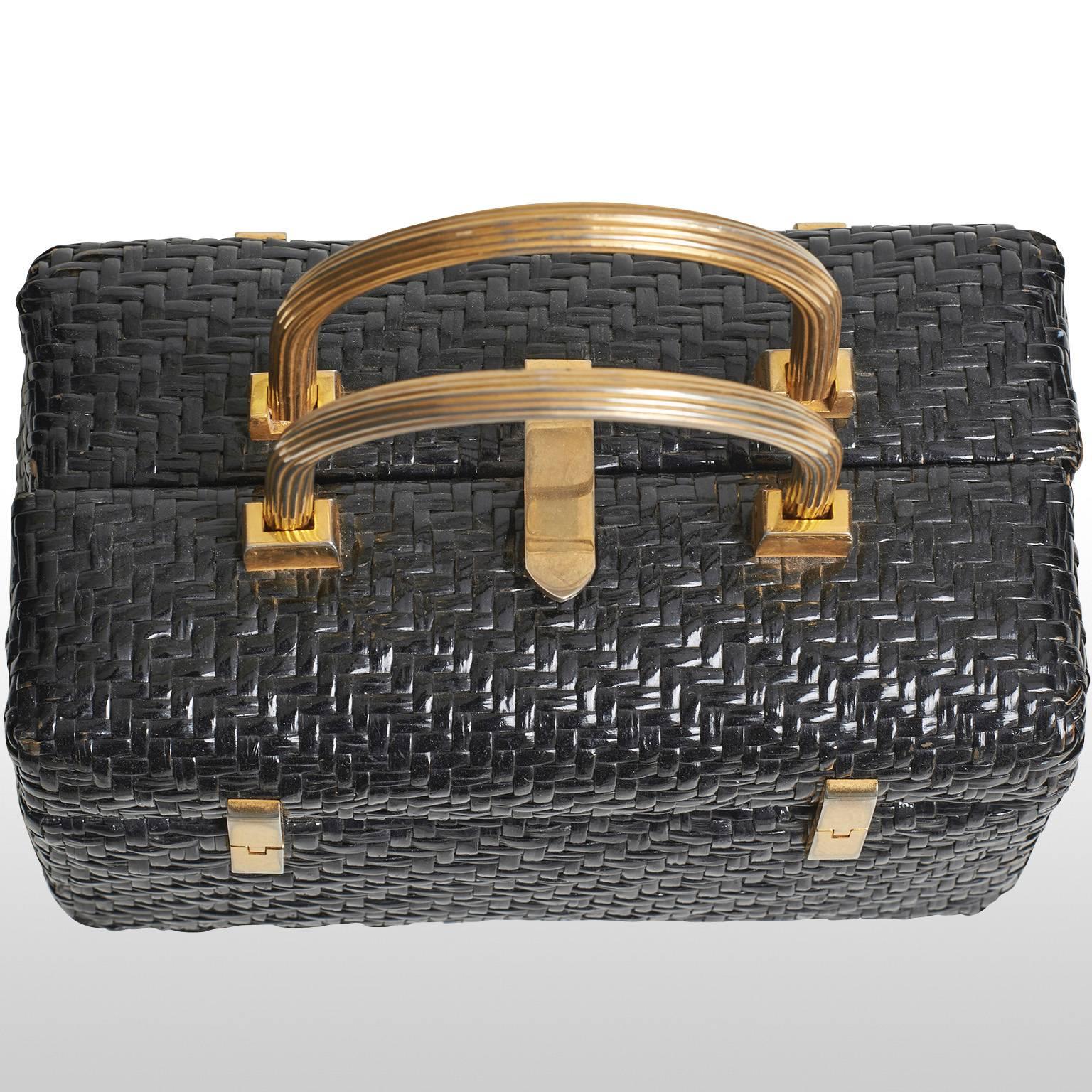 1960's Funky Black Wicker Koret Hand Bag In Excellent Condition For Sale In London, GB