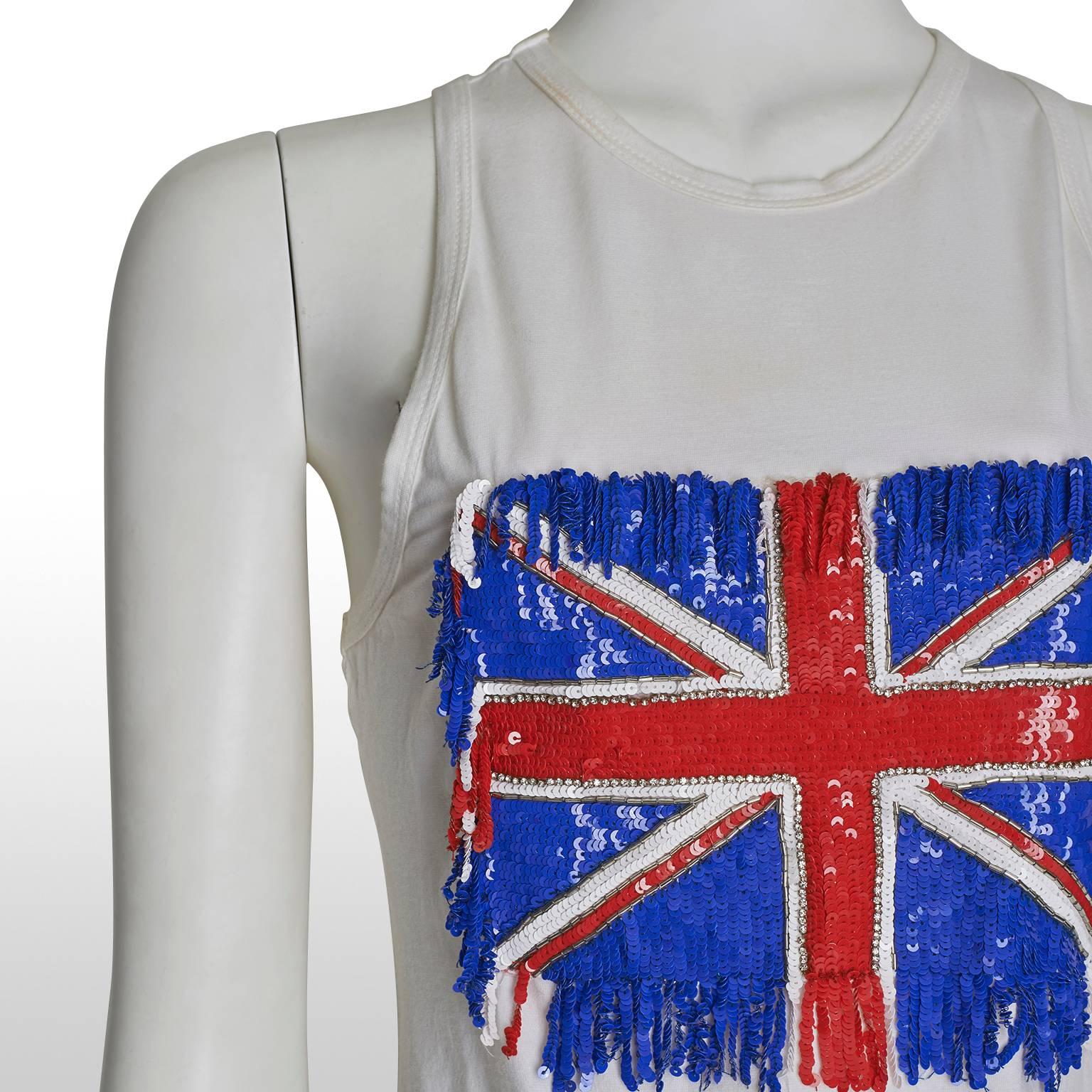Women's Funky Dolce and Gabbana Sequinned Union Jack White Tank Top Size 8  For Sale