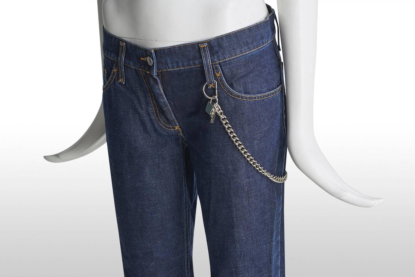 Women's Dolce and Gabbana Straight Leg Denim Jeans with Edgy Chain Detail Size 10 For Sale