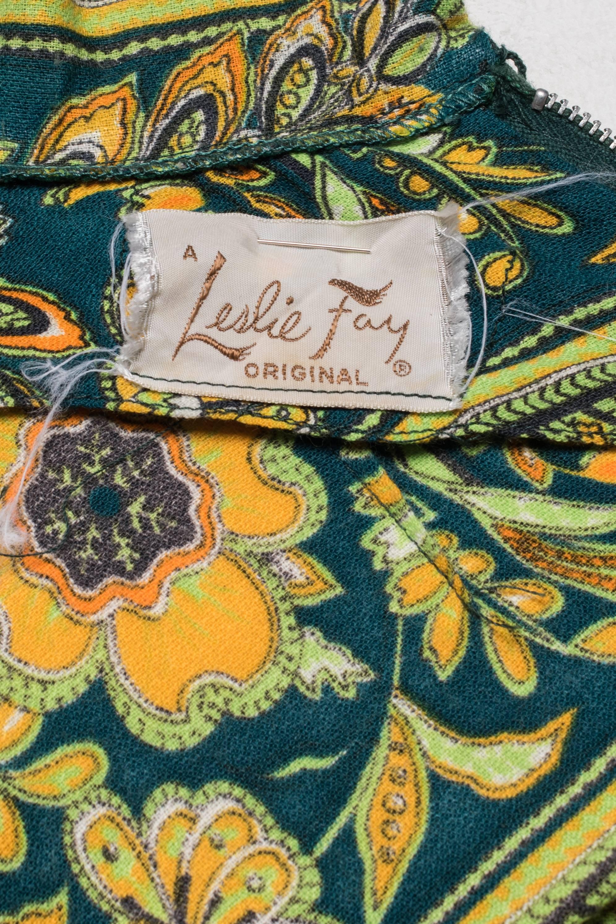 Late 1960's Leslie Fay Green and Yellow Floral Paisley Drop Waist Dress 4