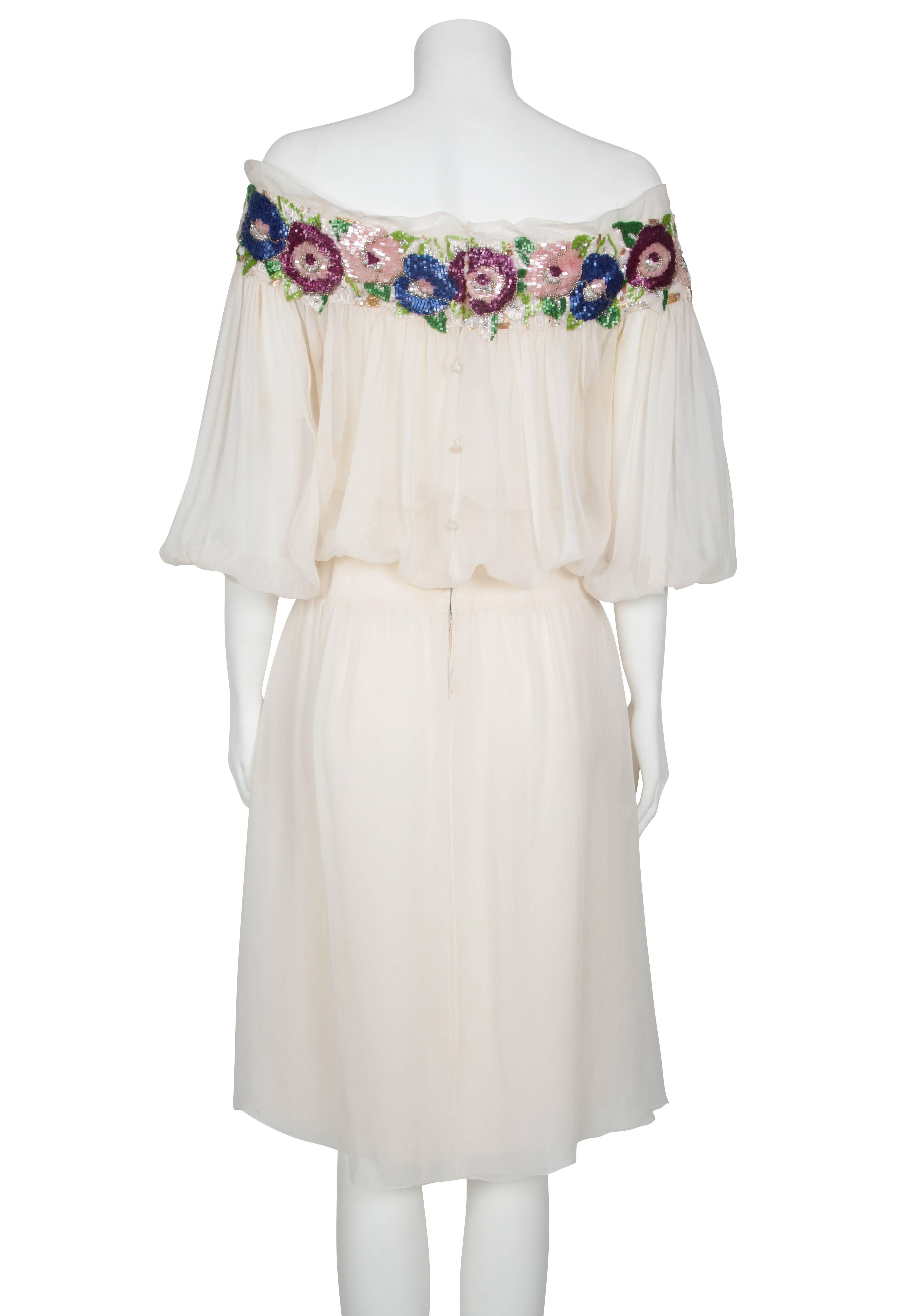 Women's 1980's Christian Dior Ivory Chiffon Dress with Floral Beaded Collar For Sale
