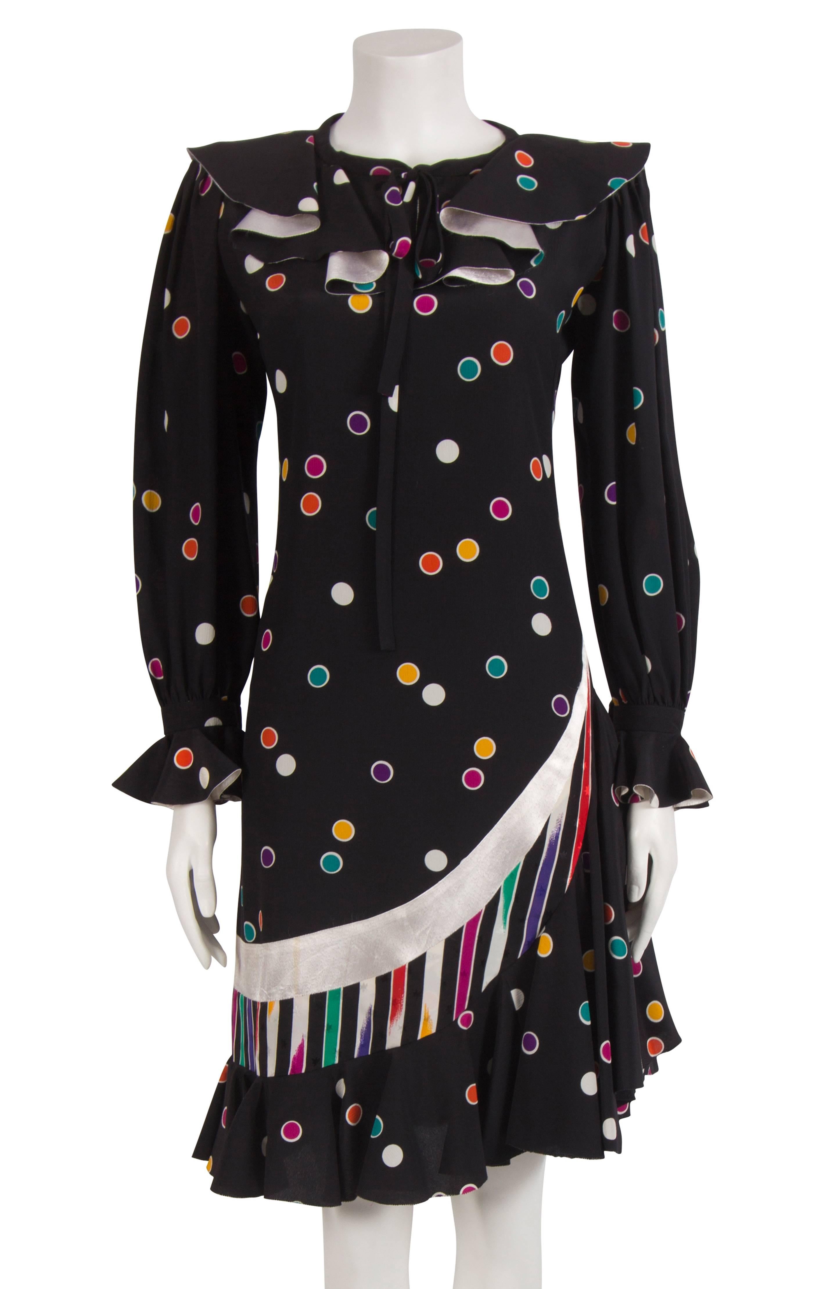 Women's 1980's Emanuel Ungaro Couture Black & Multicoloured Polka Dot Dress For Sale