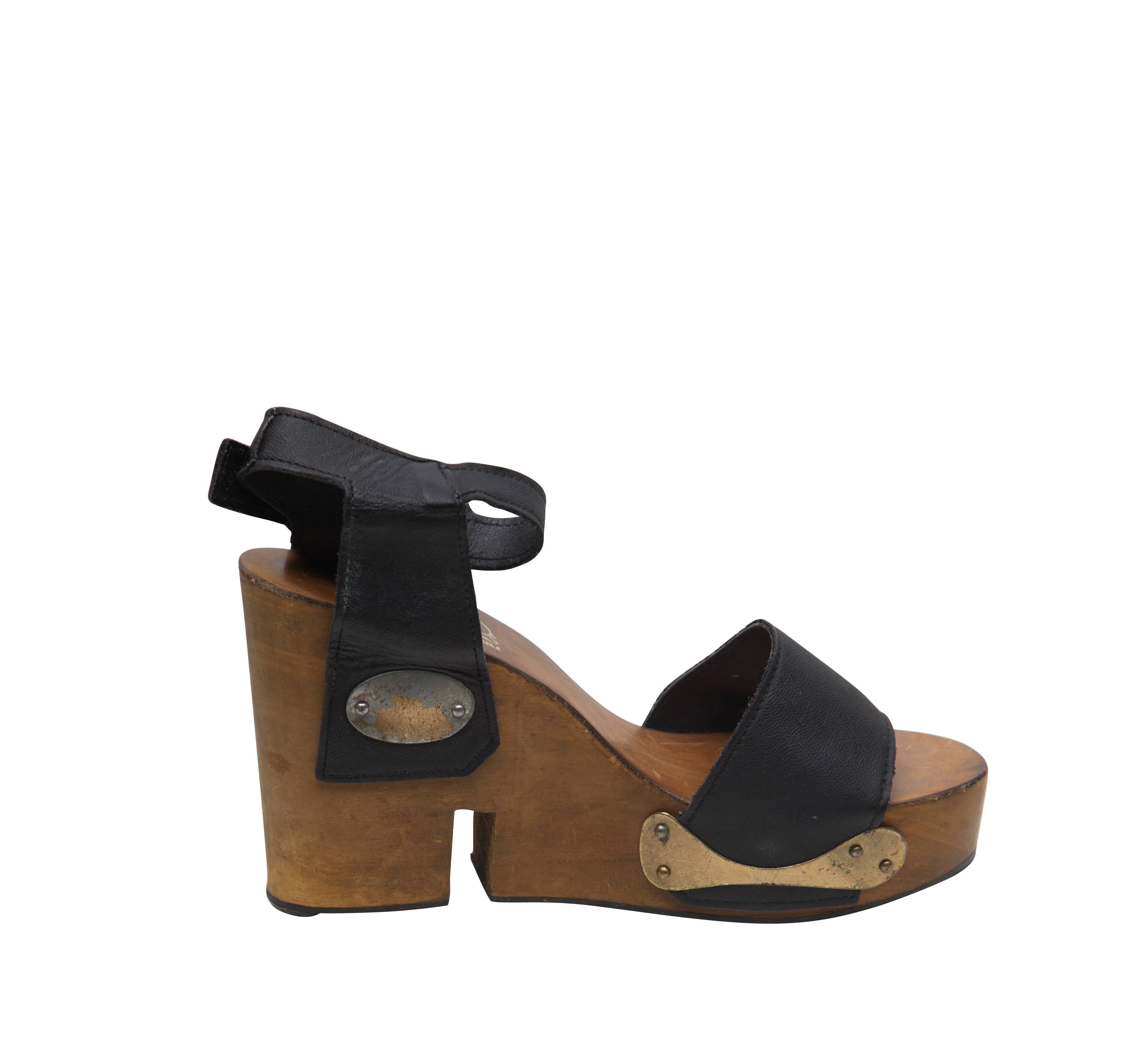 Black 1970's Rustic Wood and Argentinian Leather Wedges  For Sale