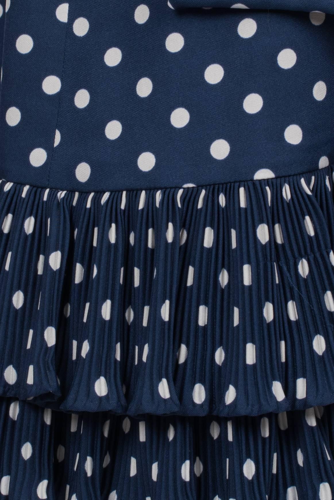 1970's Victor Costa Navy Polka Dot Shirt Dress with Pleat Hem 4