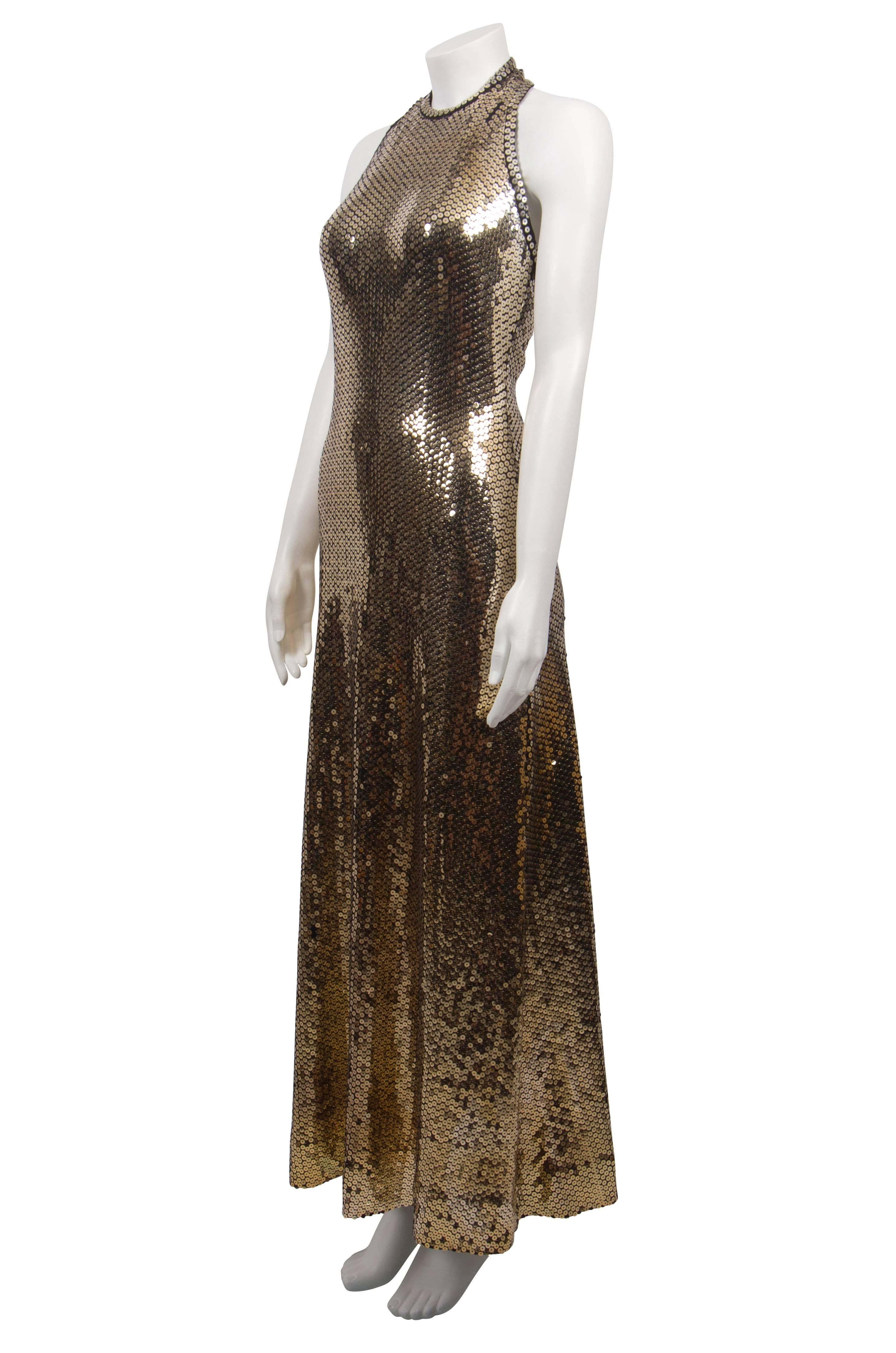 1970's Jean Chess Gold Sequinned Halter Gown and Jacket For Sale 1