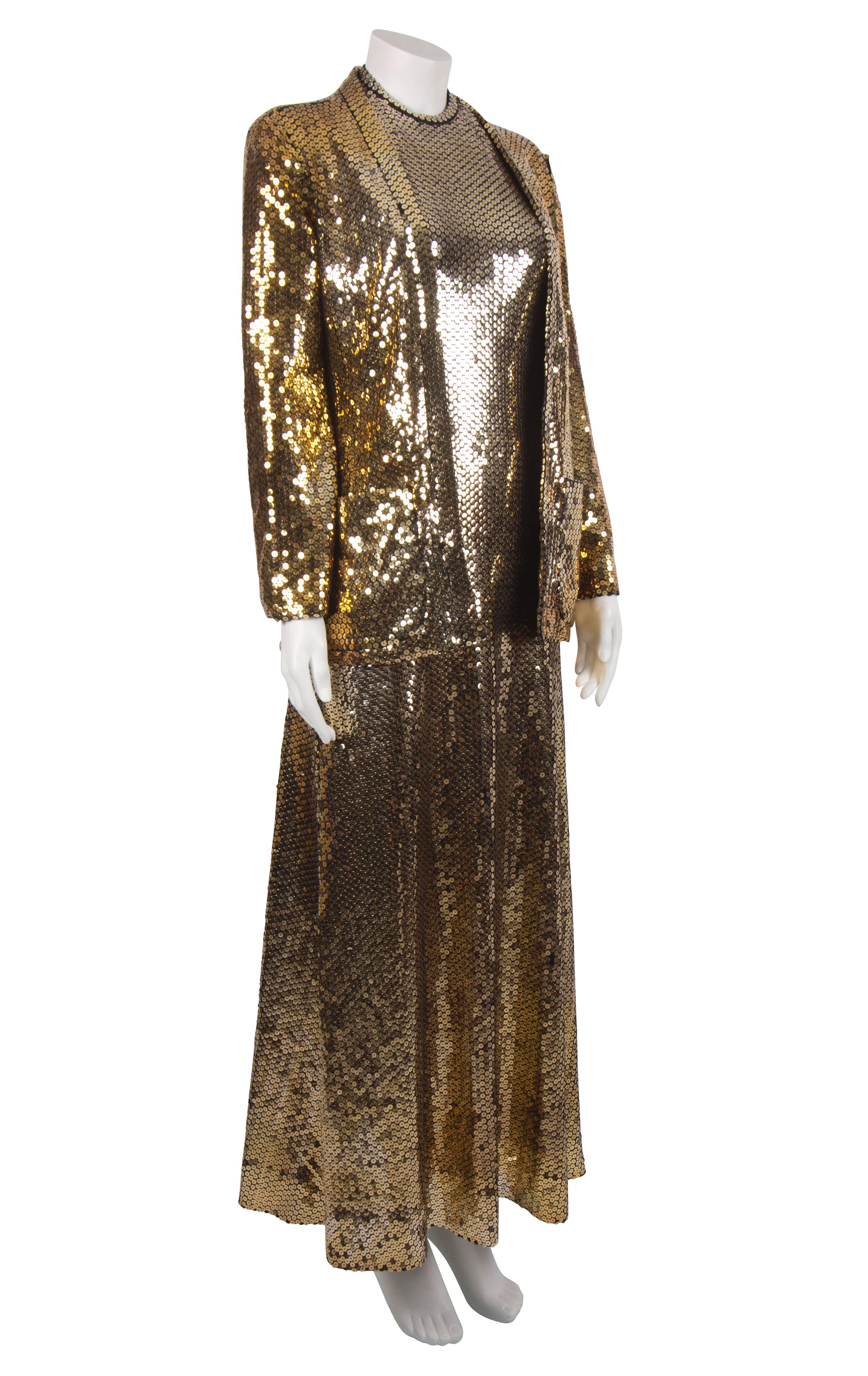 Women's 1970's Jean Chess Gold Sequinned Halter Gown and Jacket For Sale