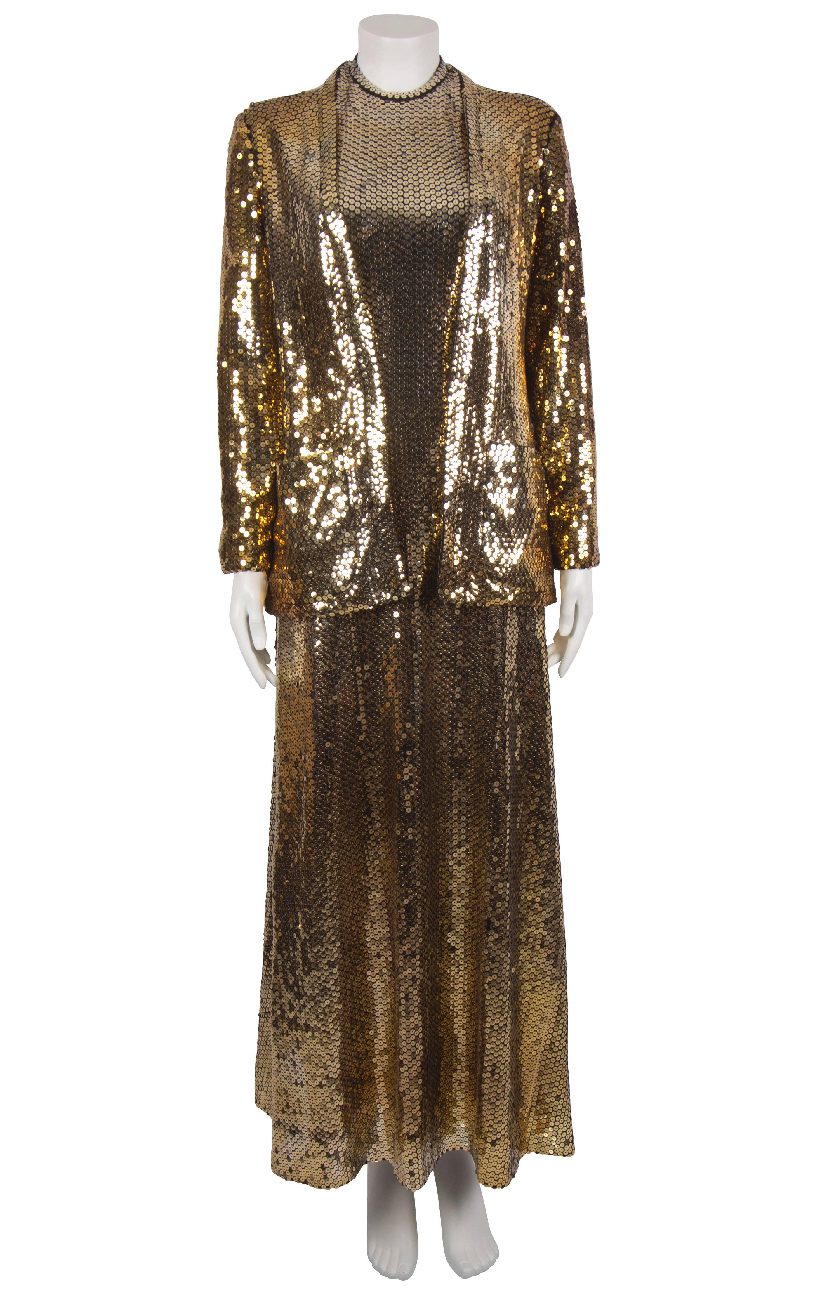 1970's Jean Chess Gold Sequinned Halter Gown and Jacket In Excellent Condition For Sale In London, GB