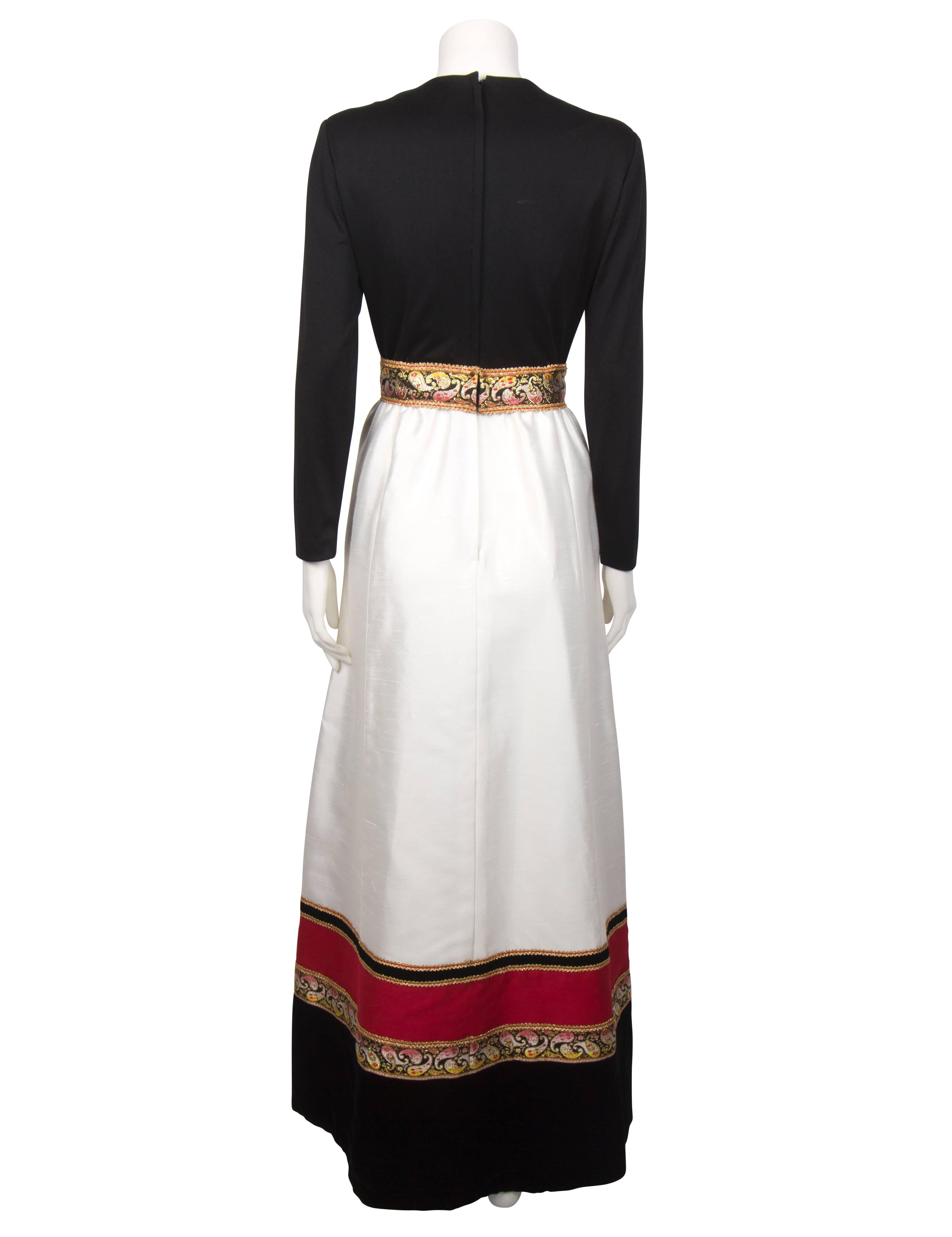 1970's Kent Originals White Dupione Black Velvet and Gold Trim Dress For Sale 2