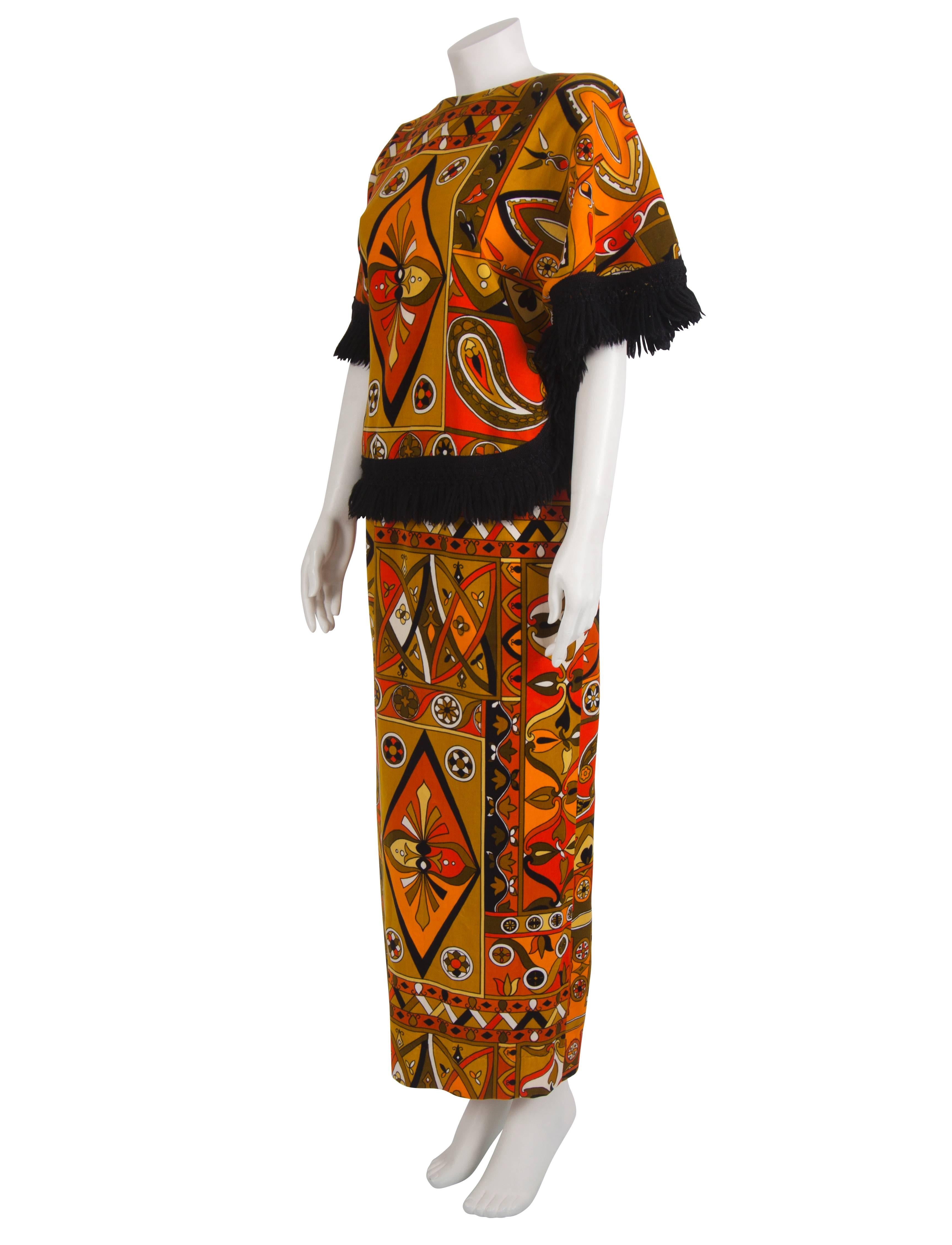 Women's 1960's Dorcia Originals Orange & Ochre Printed Fringed Top & Maxi Skirt Ensemble For Sale