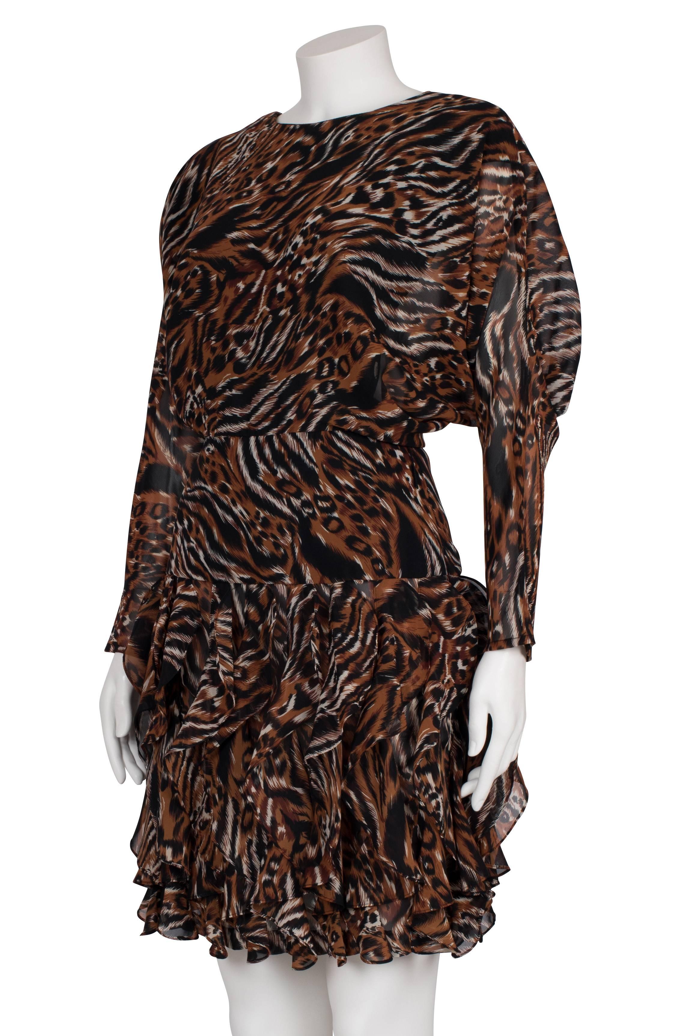 1980's J. Harris Animal Print Ruffled Skirt Backless Dress In Excellent Condition For Sale In London, GB