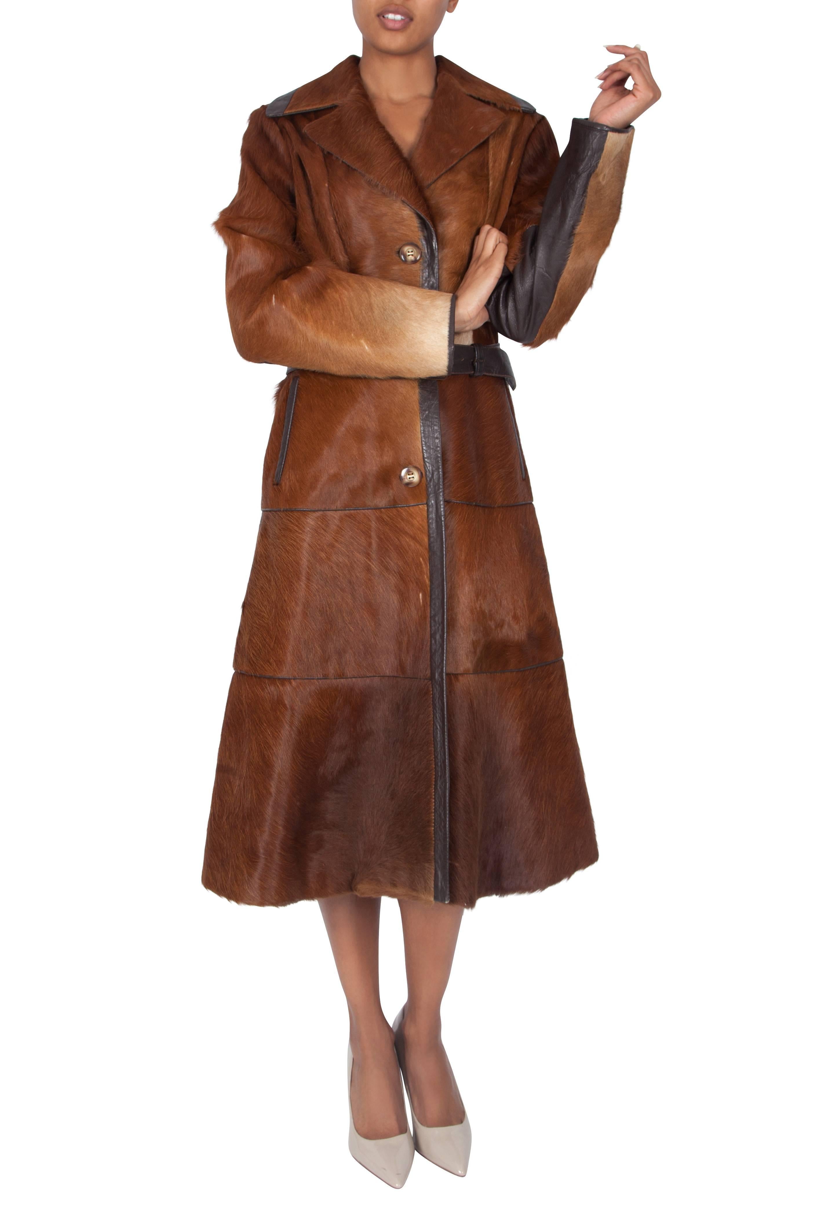 Women's 1970'S Brown Pony Skin Overcoat with Leather Belt