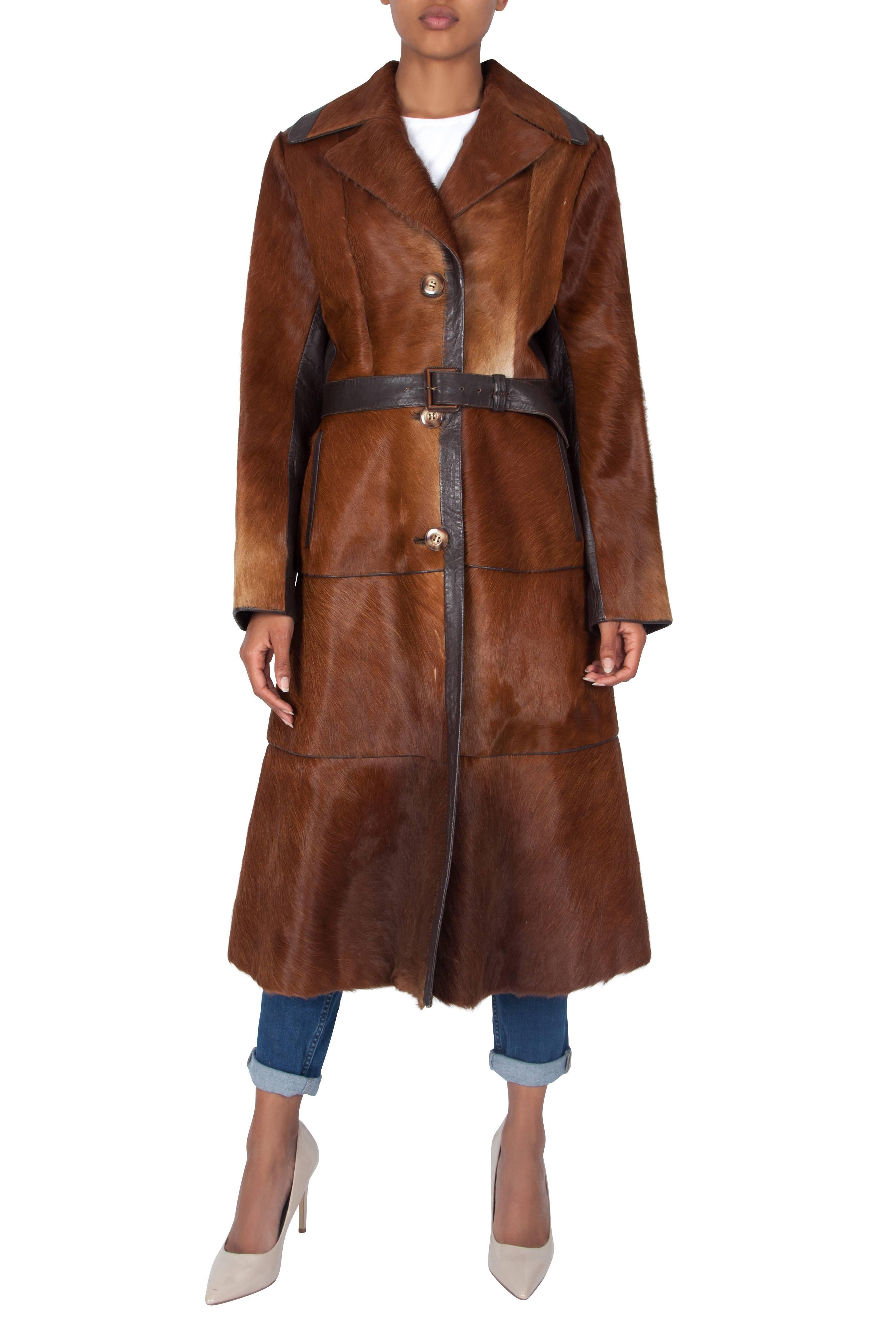 1970'S Brown Pony Skin Overcoat with Leather Belt 3