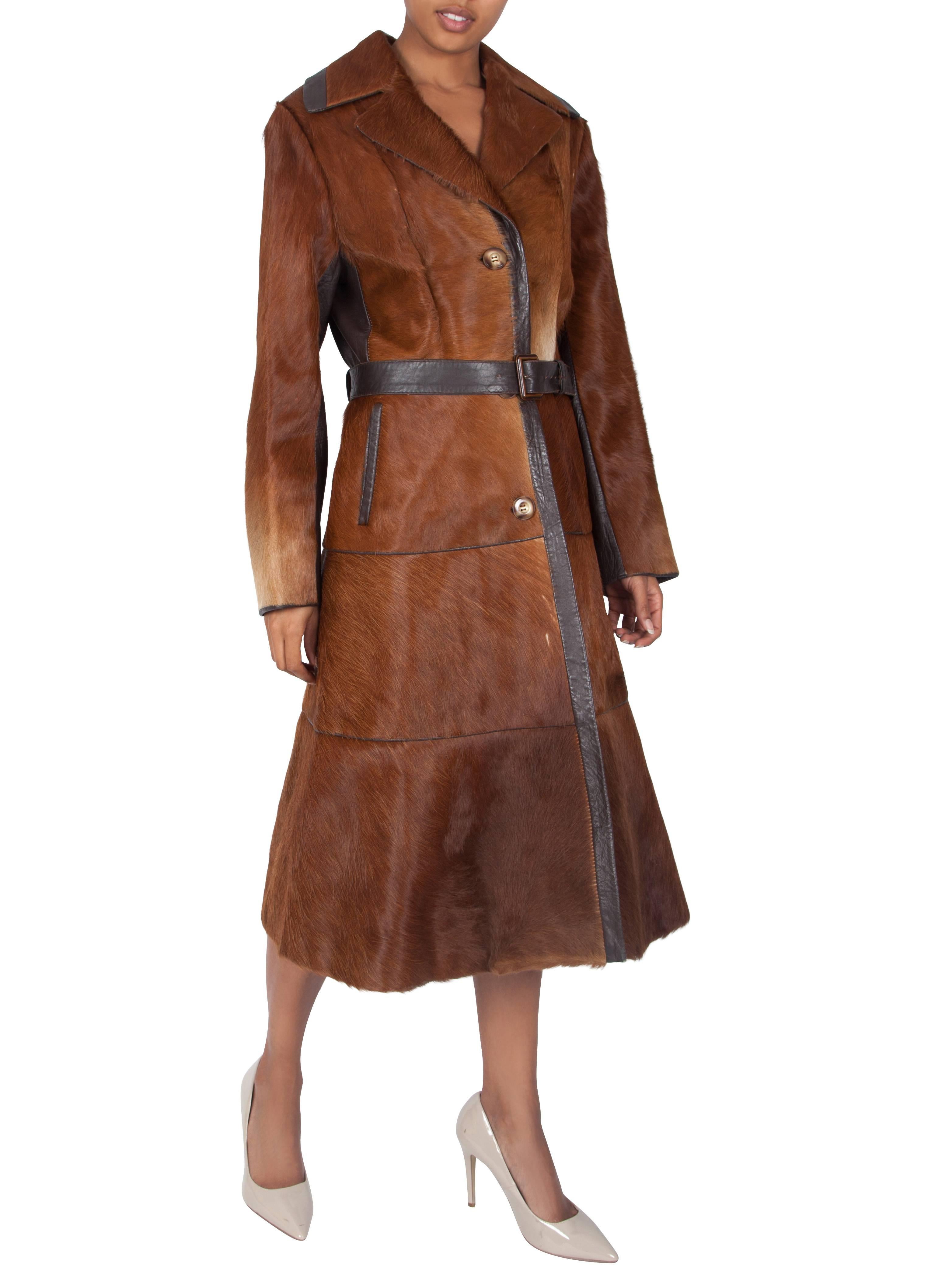 1970'S Brown Pony Skin Overcoat with Leather Belt 1