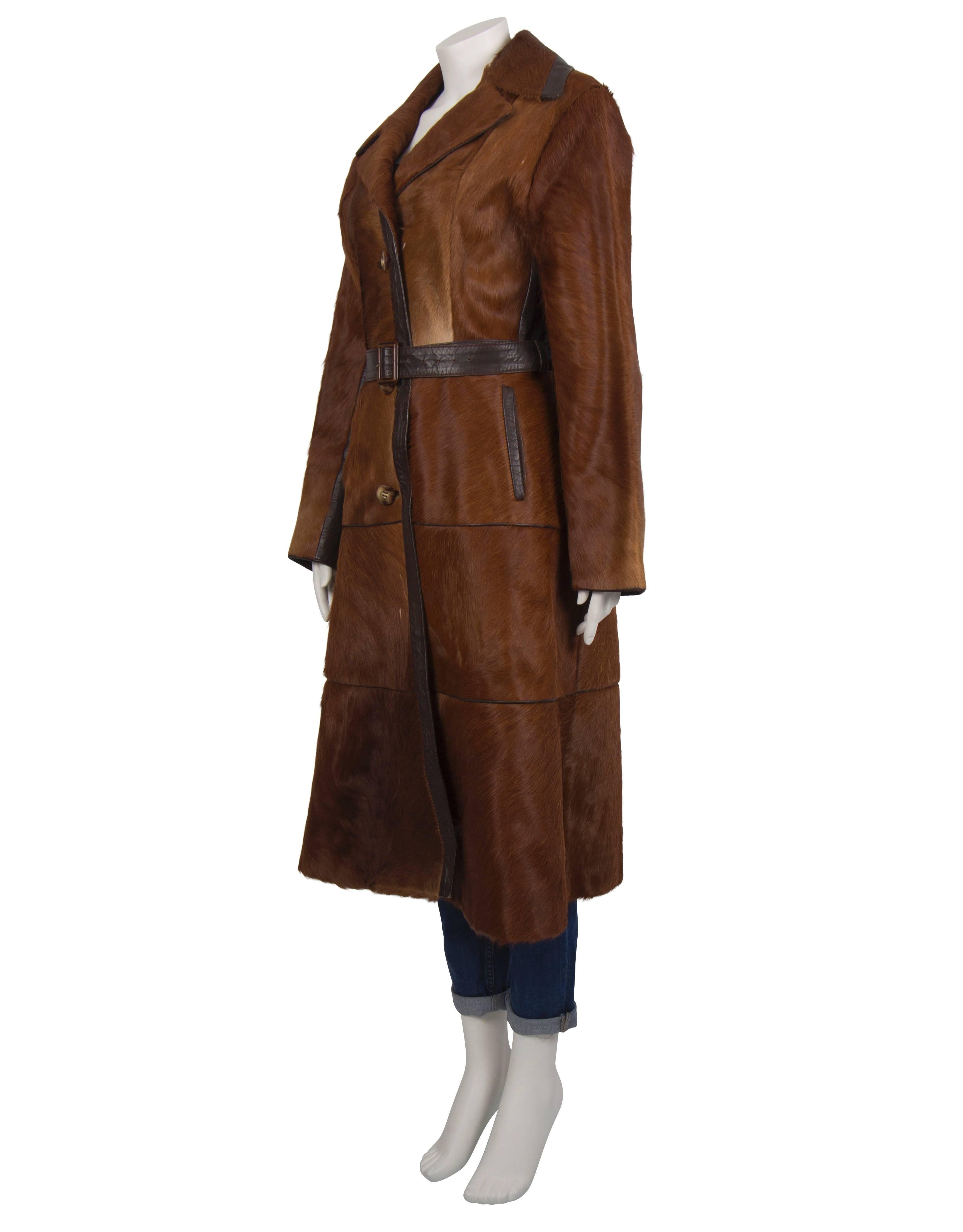 1970'S Brown Pony Skin Overcoat with Leather Belt In Excellent Condition In London, GB
