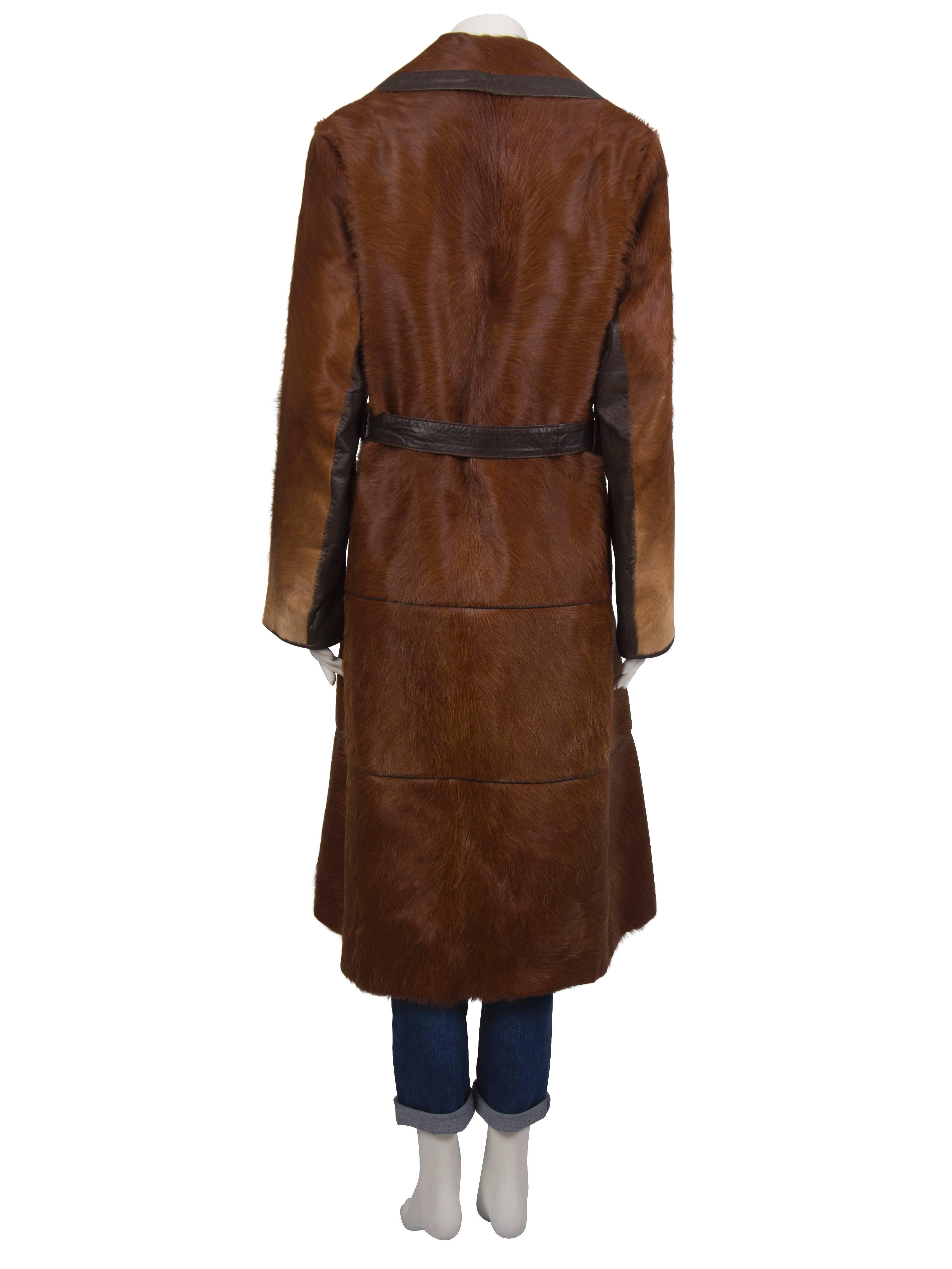 Black 1970'S Brown Pony Skin Overcoat with Leather Belt