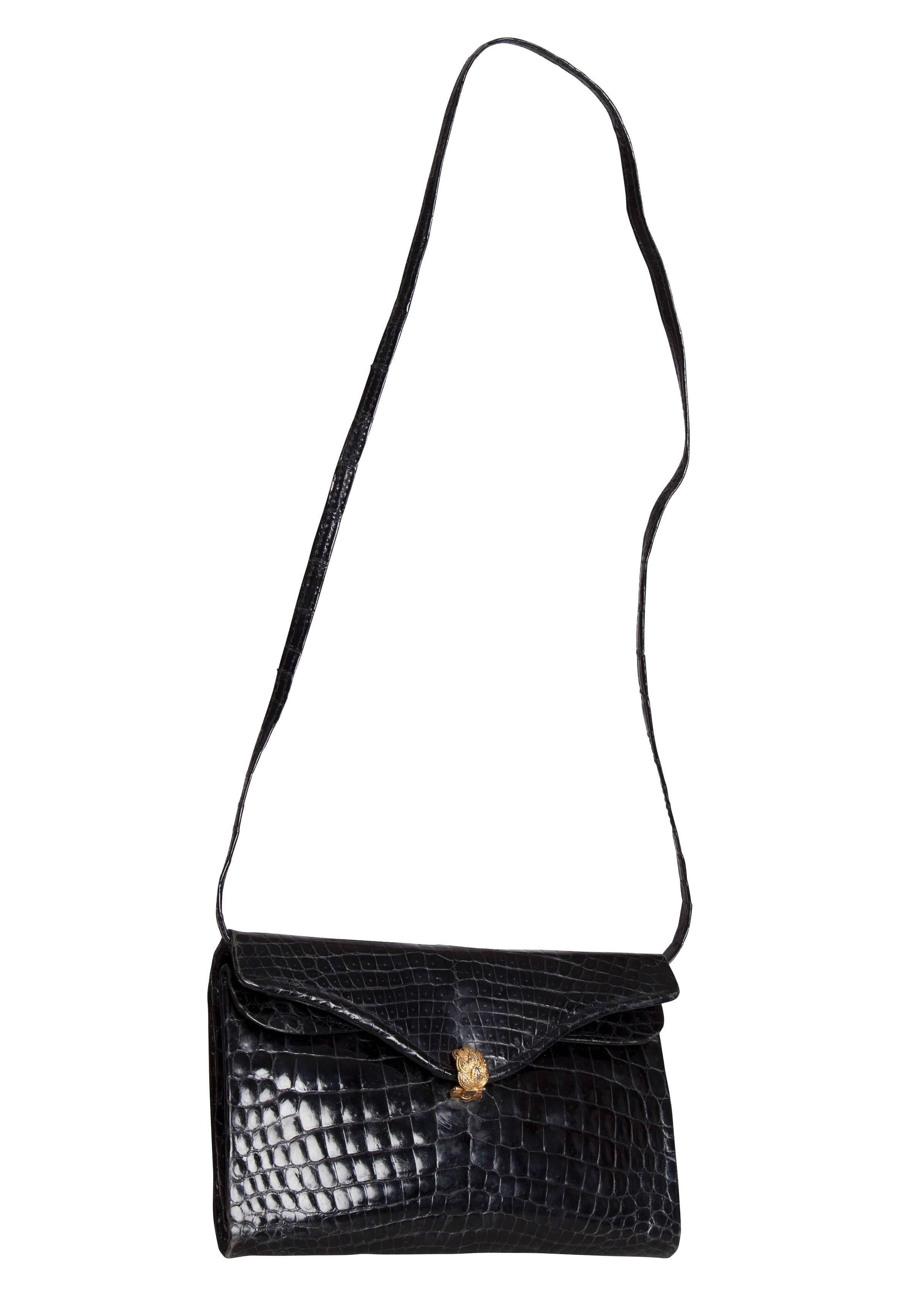 Women's 1960s Morabito Black Crocodile Skin Envelope Clutch Bag with Gold Clasp For Sale