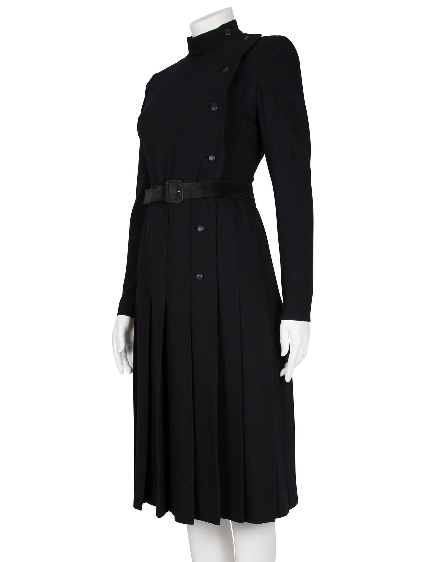 Women's A/W 1979 Dior Couture Black Silk Crepe Button-Down Wrap Dress with Suede Belt For Sale