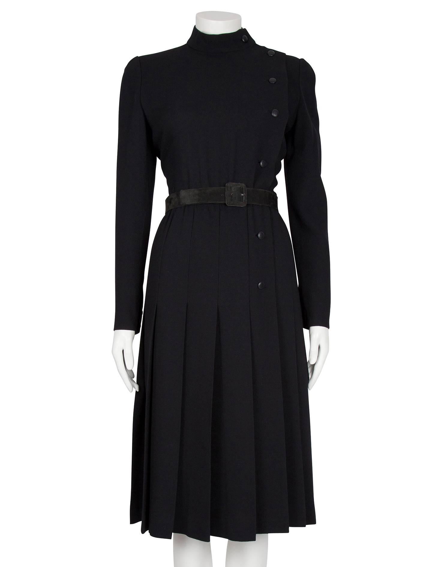 A/W 1979 Dior Couture Black Silk Crepe Button-Down Wrap Dress with Suede Belt In Excellent Condition For Sale In London, GB
