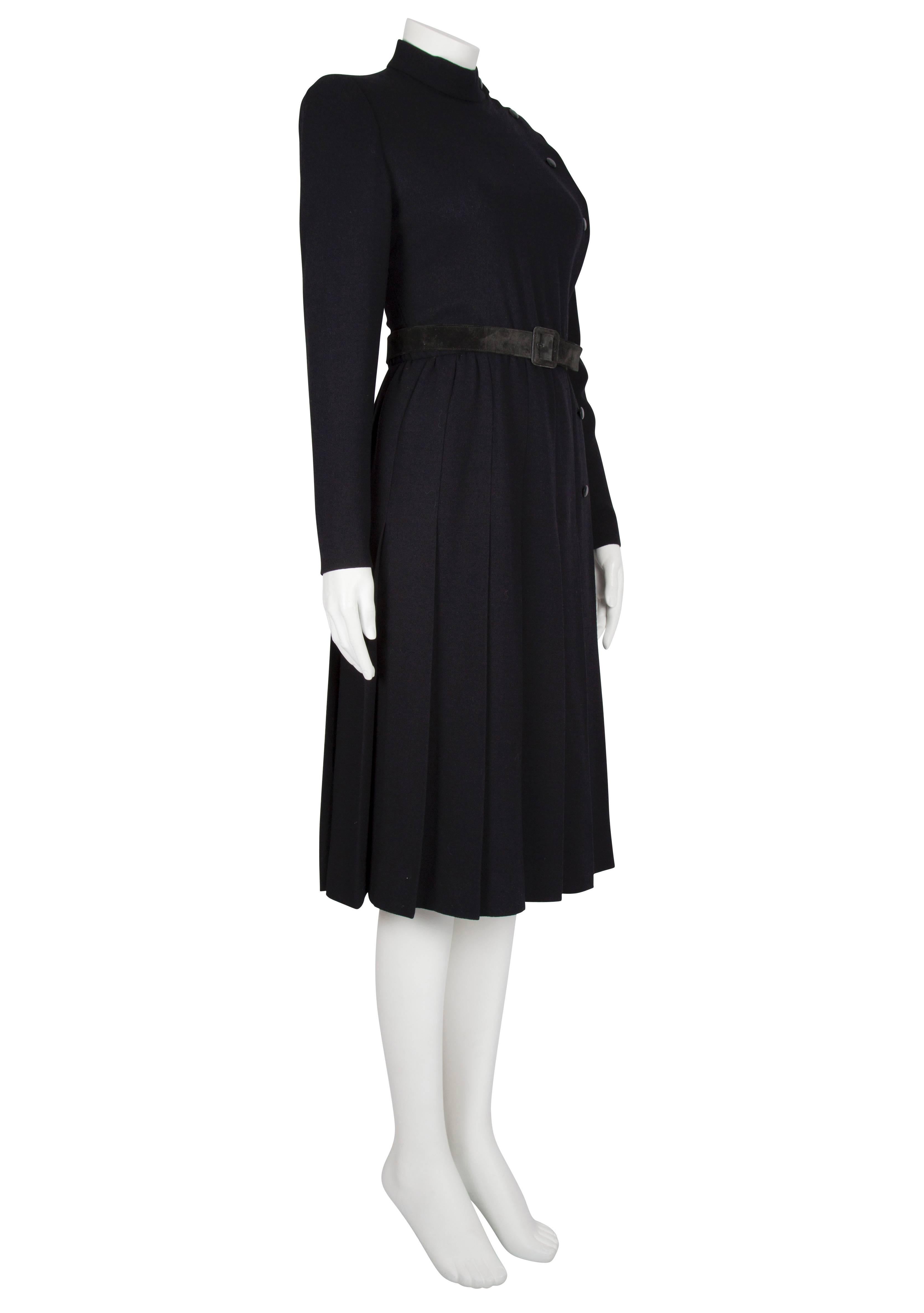 A/W 1979 Dior Couture Black Silk Crepe Button-Down Wrap Dress with Suede Belt For Sale 1