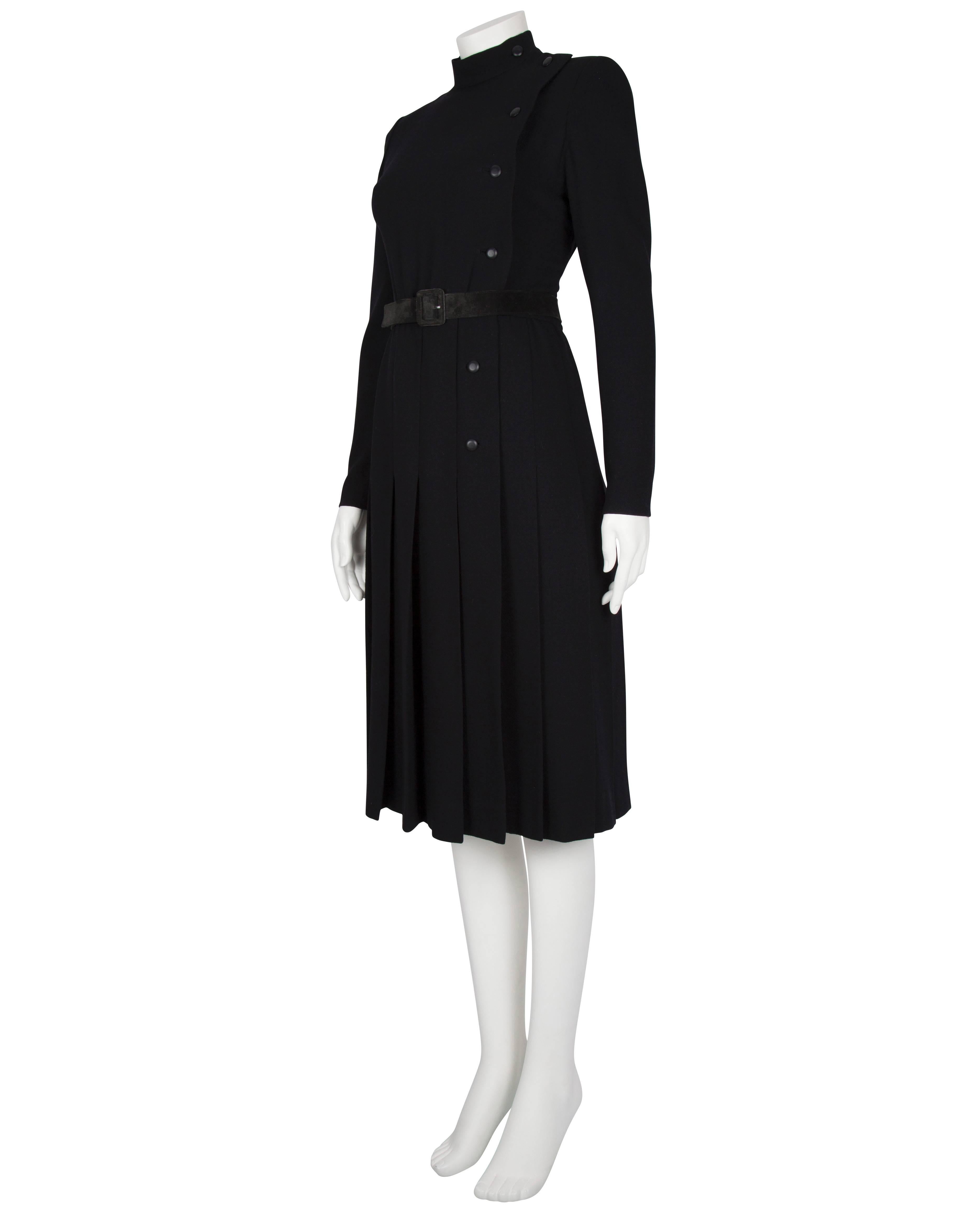 A/W 1979 Dior Couture Black Silk Crepe Button-Down Wrap Dress with Suede Belt For Sale 2
