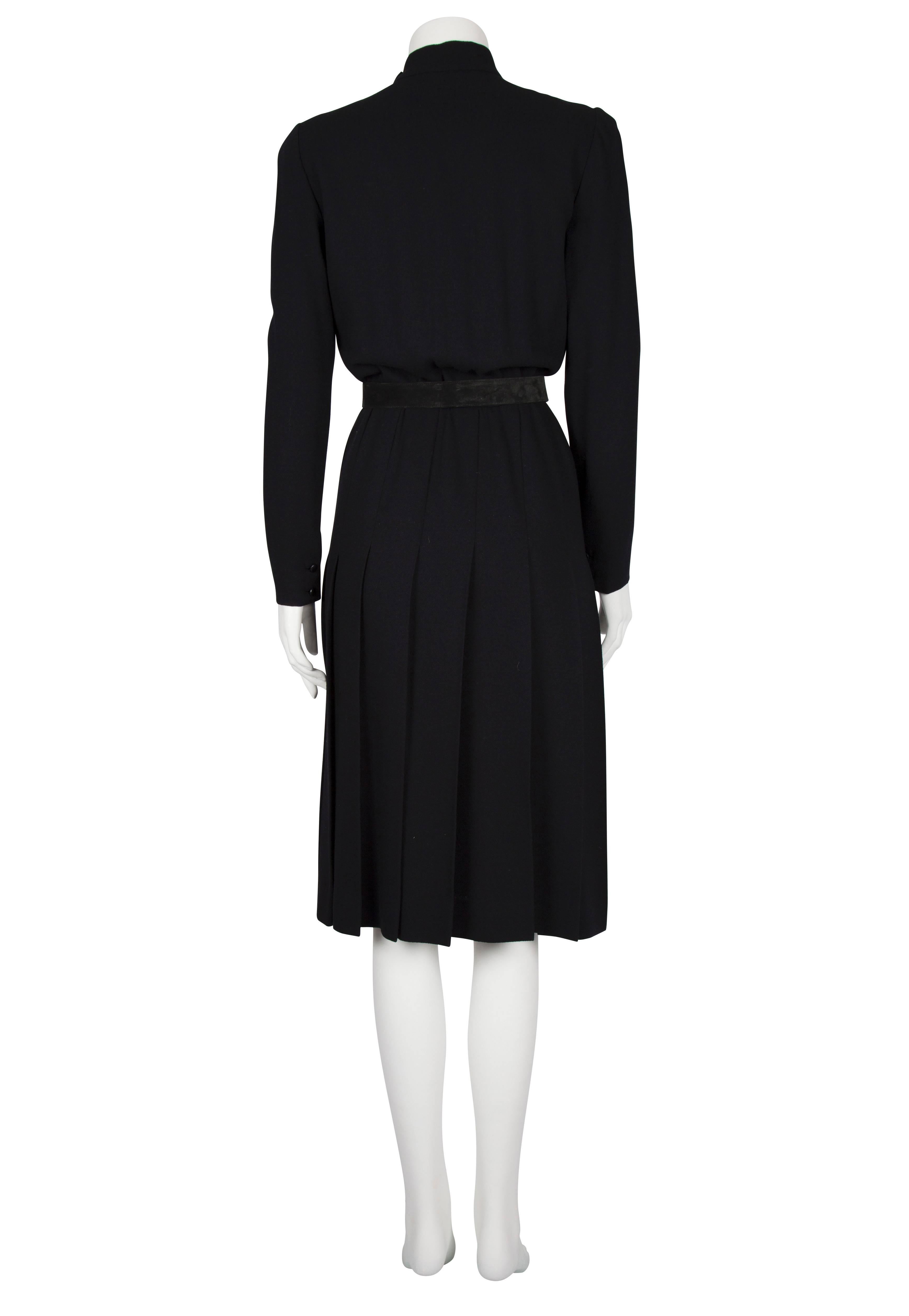 A/W 1979 Dior Couture Black Silk Crepe Button-Down Wrap Dress with Suede Belt For Sale 3