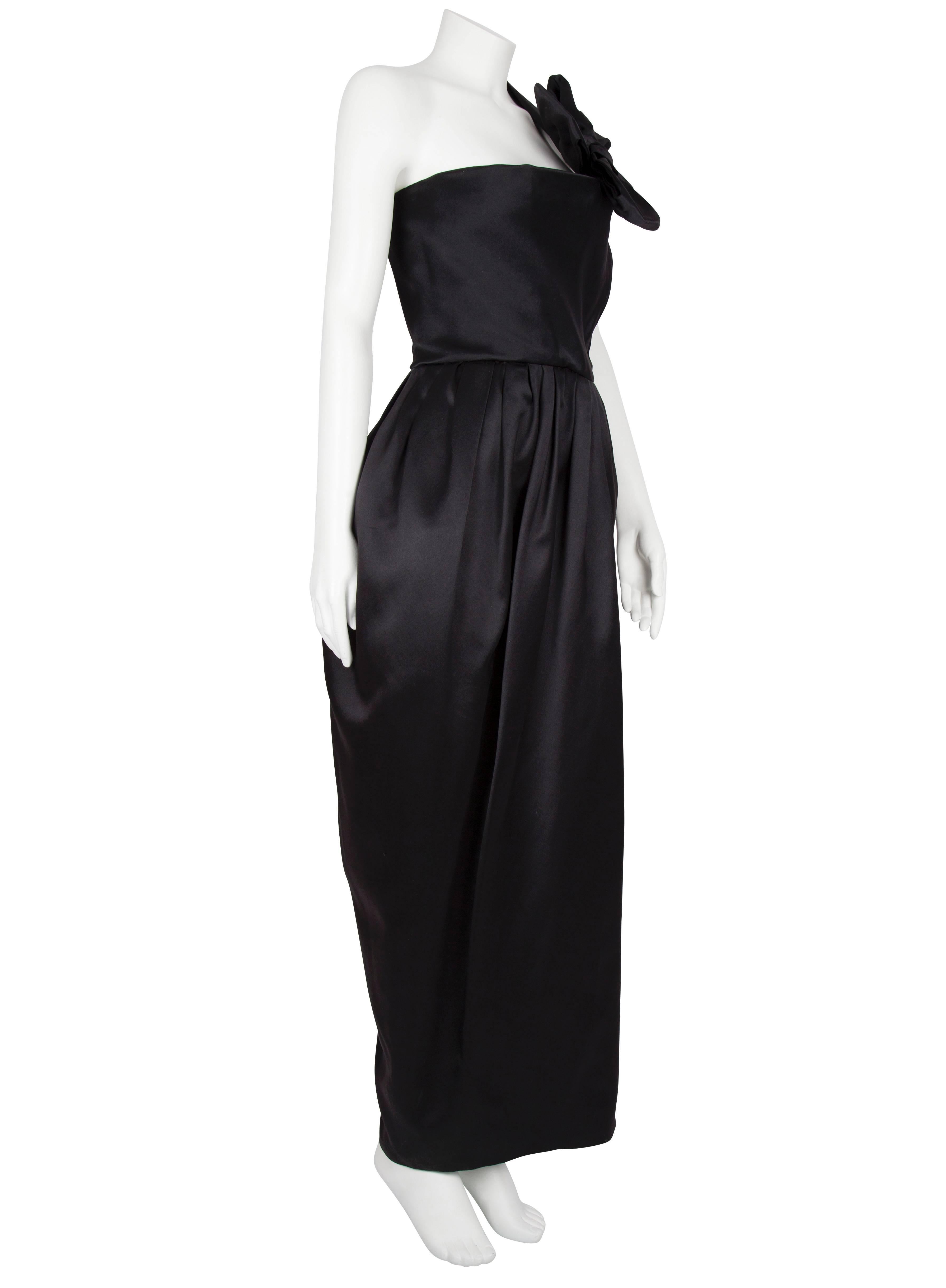 Black A/W 1979 Dior Couture Silk Satin One Shoulder & Dramatic Bow Tulip Skirt Gown  For Sale