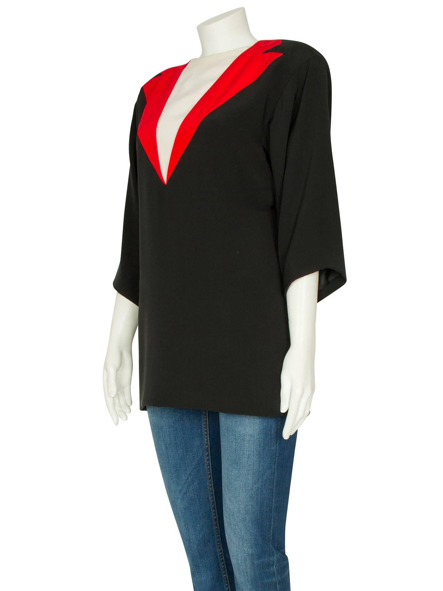 S/S 1983 Dior Couture Black Red & Ivory Silk Trompe L'Oeil Boxy Tunic In Excellent Condition For Sale In London, GB