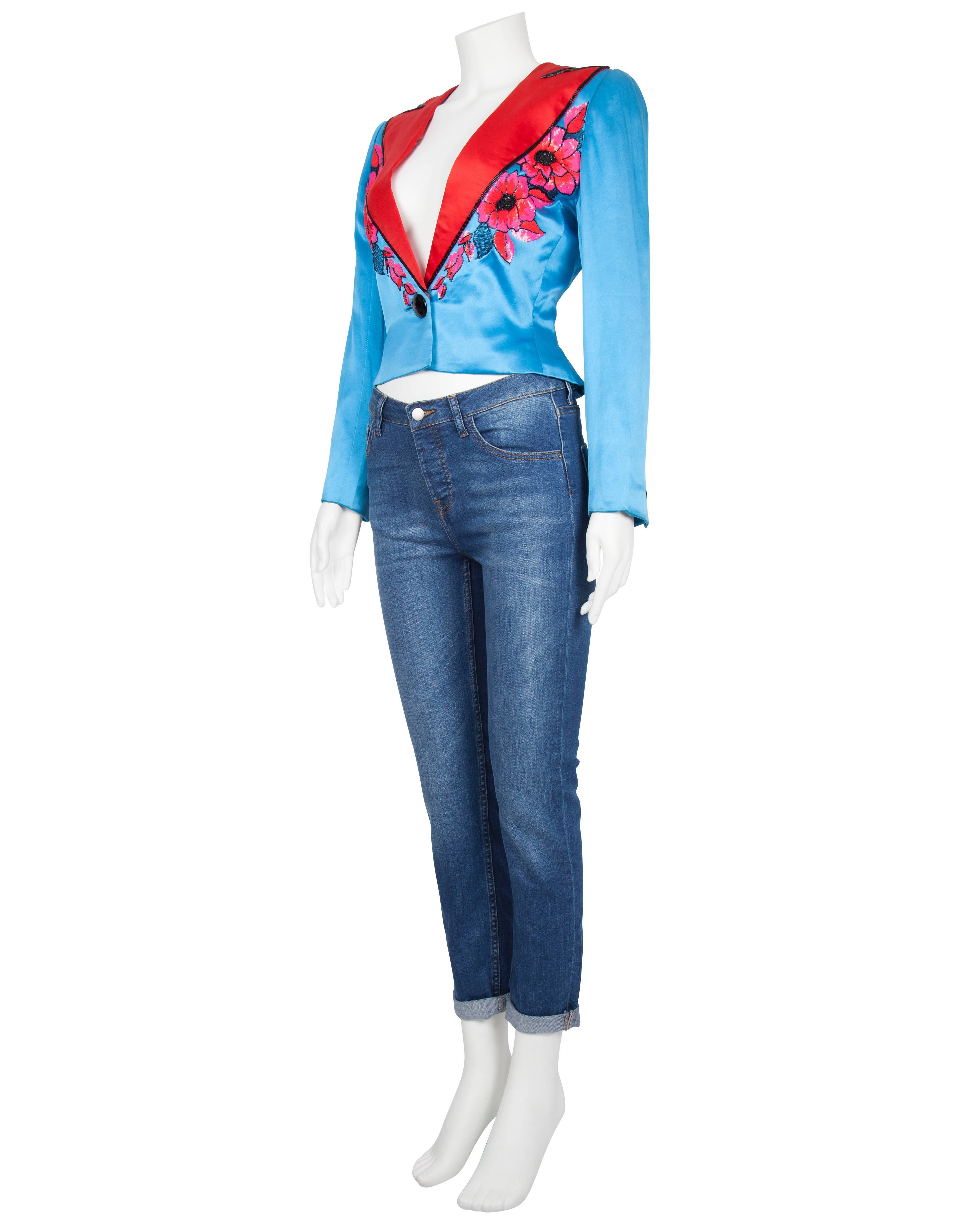 Women's S/S 1983 Dior Couture Turquoise Satin Jacket Pink & Red Sequinned Embroidery For Sale