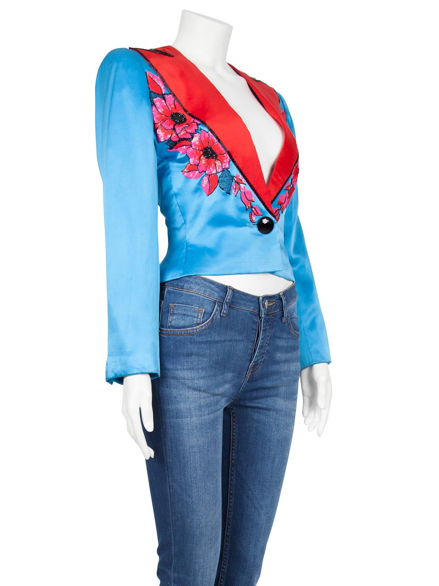 Blue S/S 1983 Dior Couture Turquoise Satin Jacket Pink & Red Sequinned Embroidery For Sale