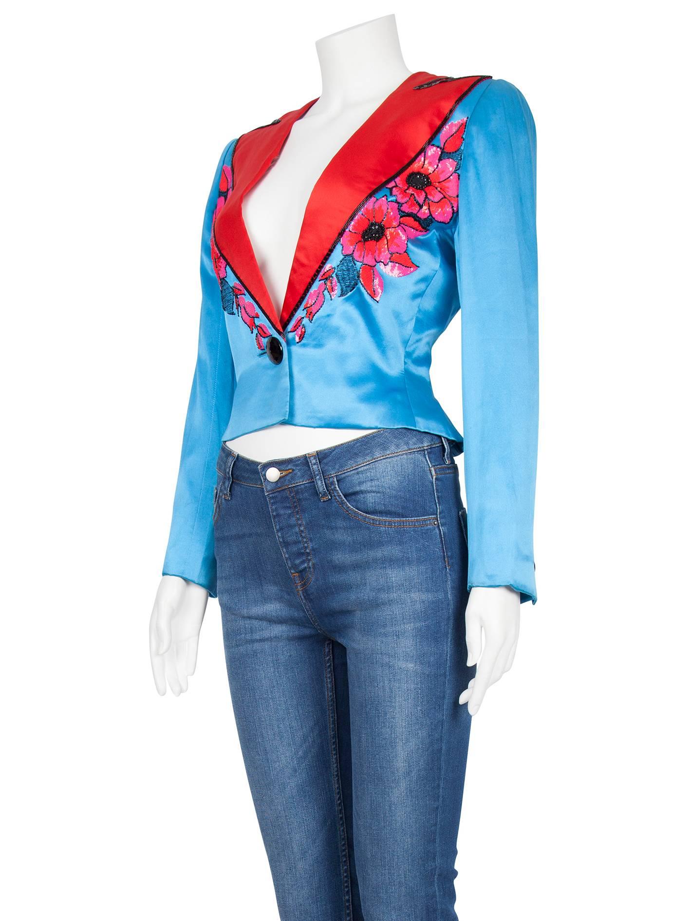 S/S 1983 Dior Couture Turquoise Satin Jacket Pink & Red Sequinned Embroidery In Excellent Condition For Sale In London, GB