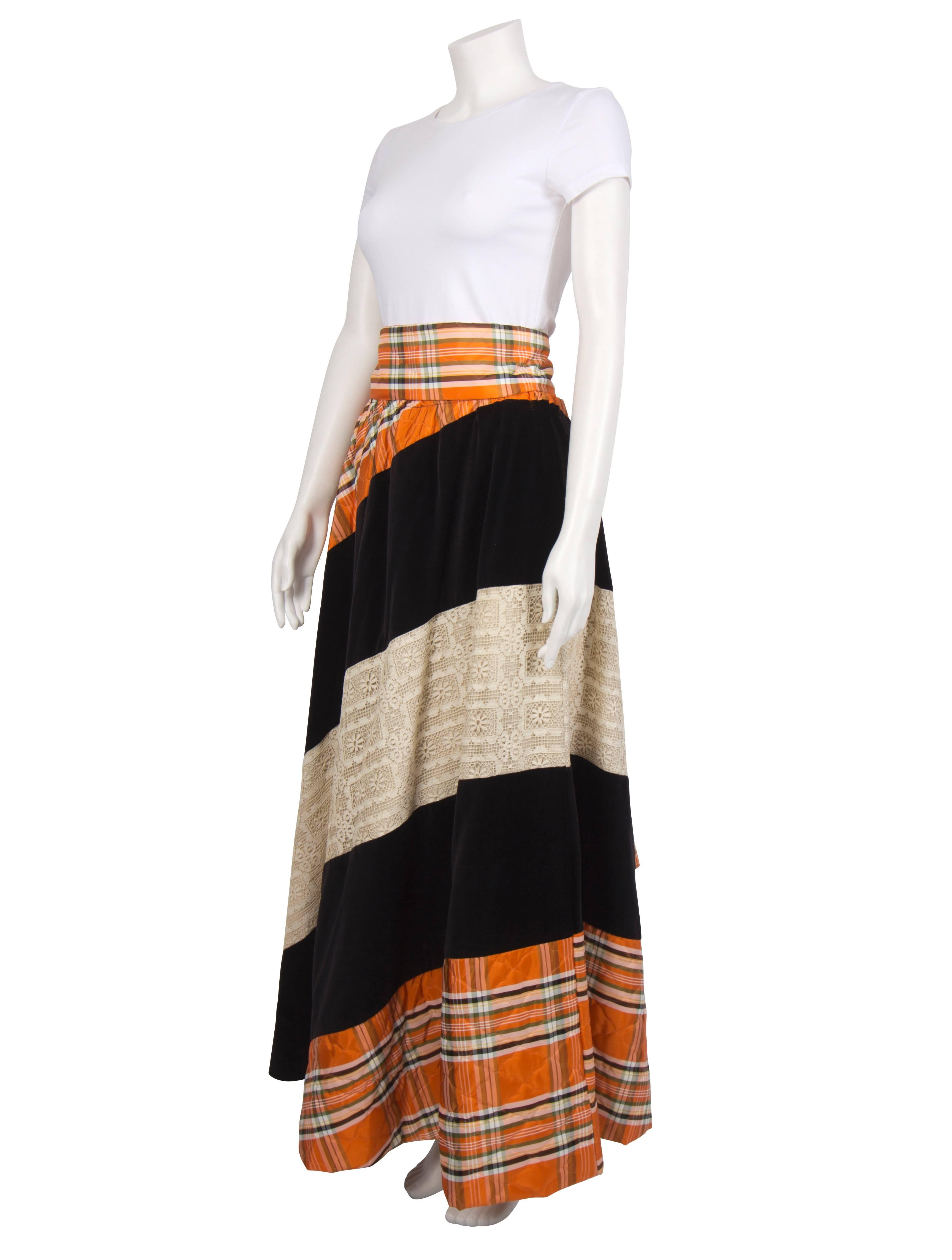 Beige 1970's Chessa Davis Black Velvet Lace & Orange Plaid Maxi Skirt