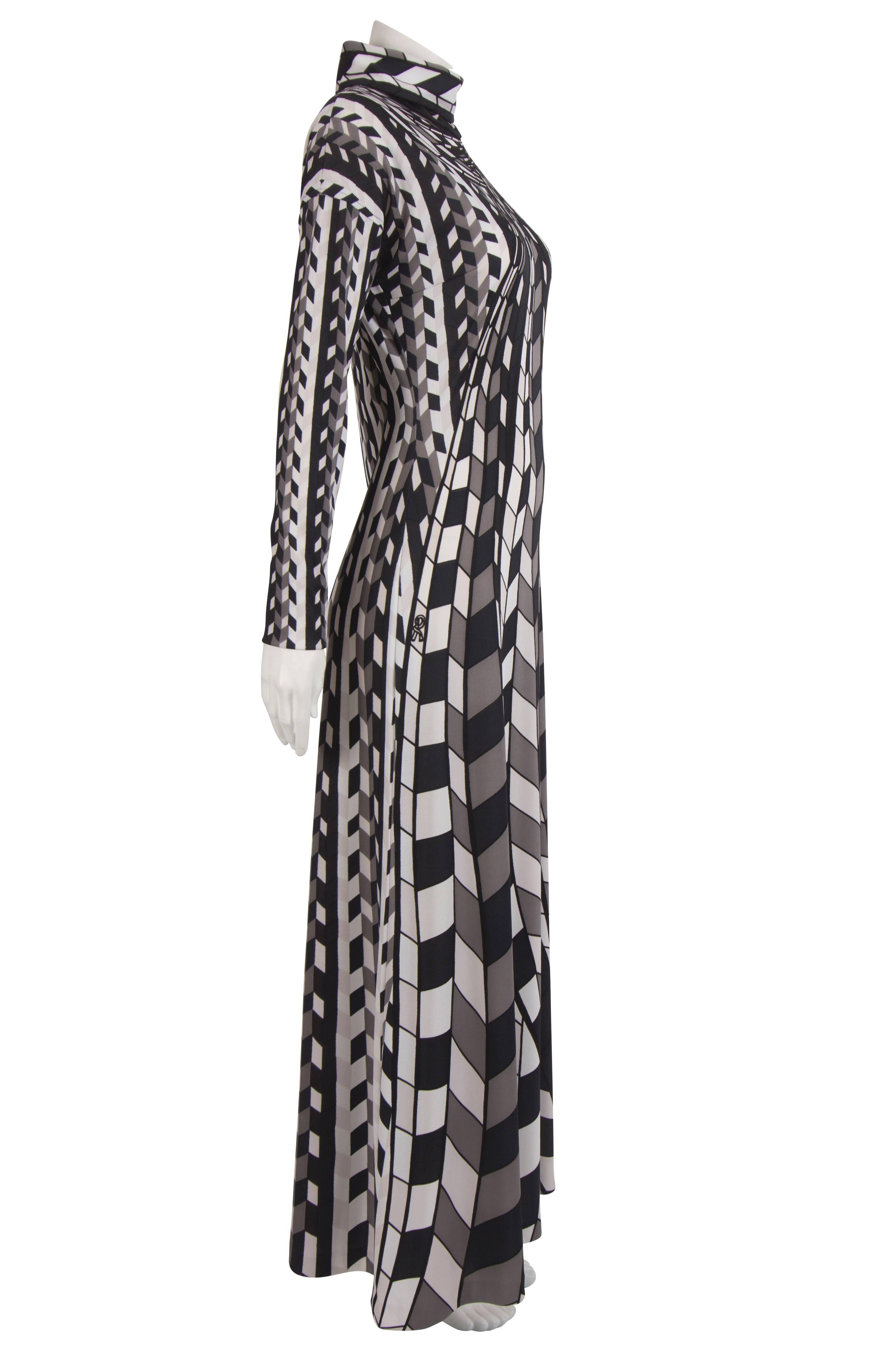Black 1970's Roberta di Camerino Monochrome Cubist Polo Neck Gown For Sale